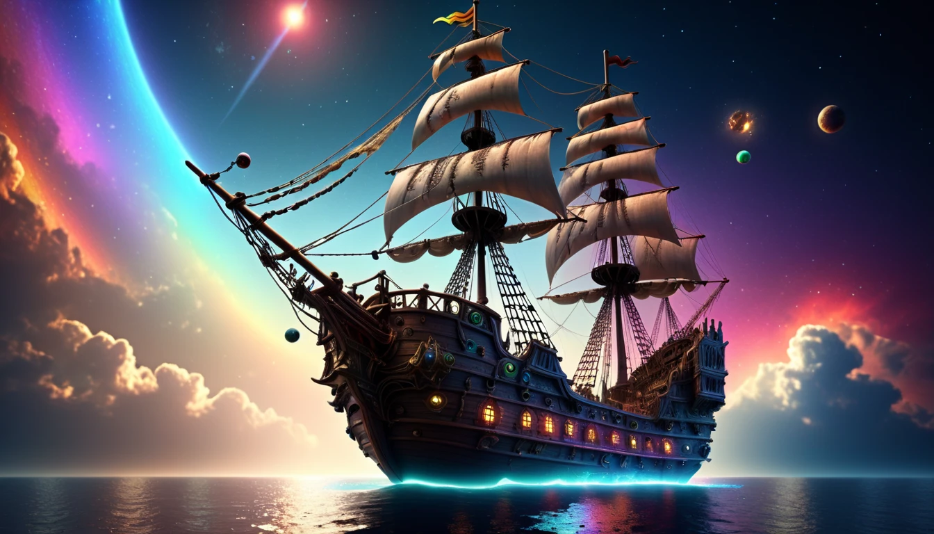 Pirate ship, flying, two moons, beautiful space background, rainbow galaxy, High Resolution, Backlighting, Masterpiece, Accurate, Best Quality, Award Winning, Detail, High Details, High Quality, Super Detailed, UHD, Retina, Cinematic Lighting, God Rays, 8K Octane, Cinematic, Cinematography, Hyperdetailed, Photorealistic, 