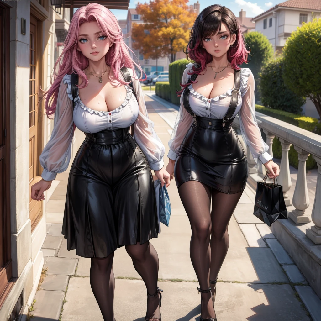long pink hair,huge tit,A sagging breast,long leges,
