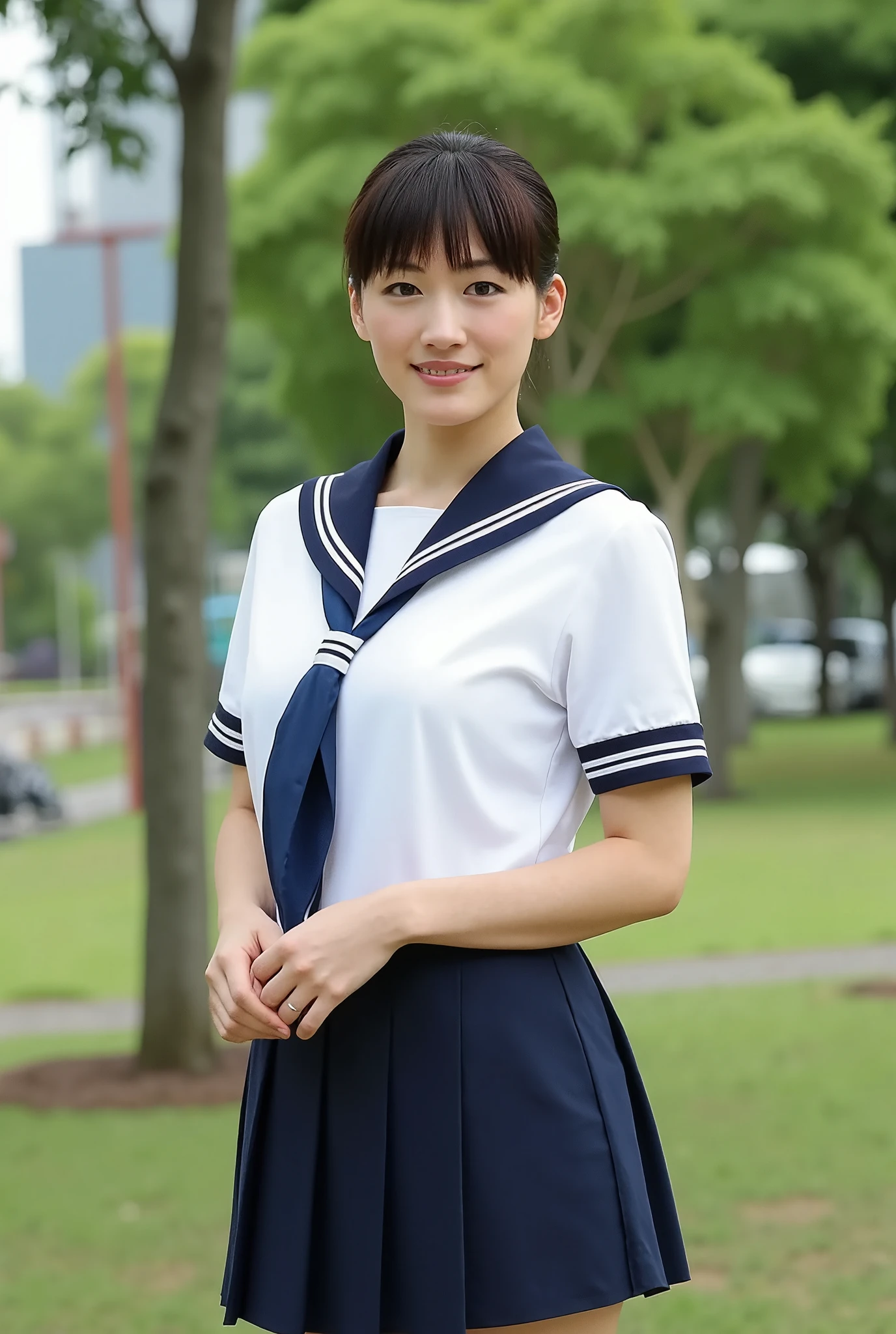 A full-body real photo of an attractive japanese mature woman in natural light. ultra detailed skins. She is a beautiful actress, 21 years old. She is standing in a city park, wearing office secretary uniform. her body is curvy. She is posing sexily. Her beautiful face with delicate features shines on the viewer. Her short black hair frames her curves. Her large breasts are perfectly proportioned to her curvaceous physique.