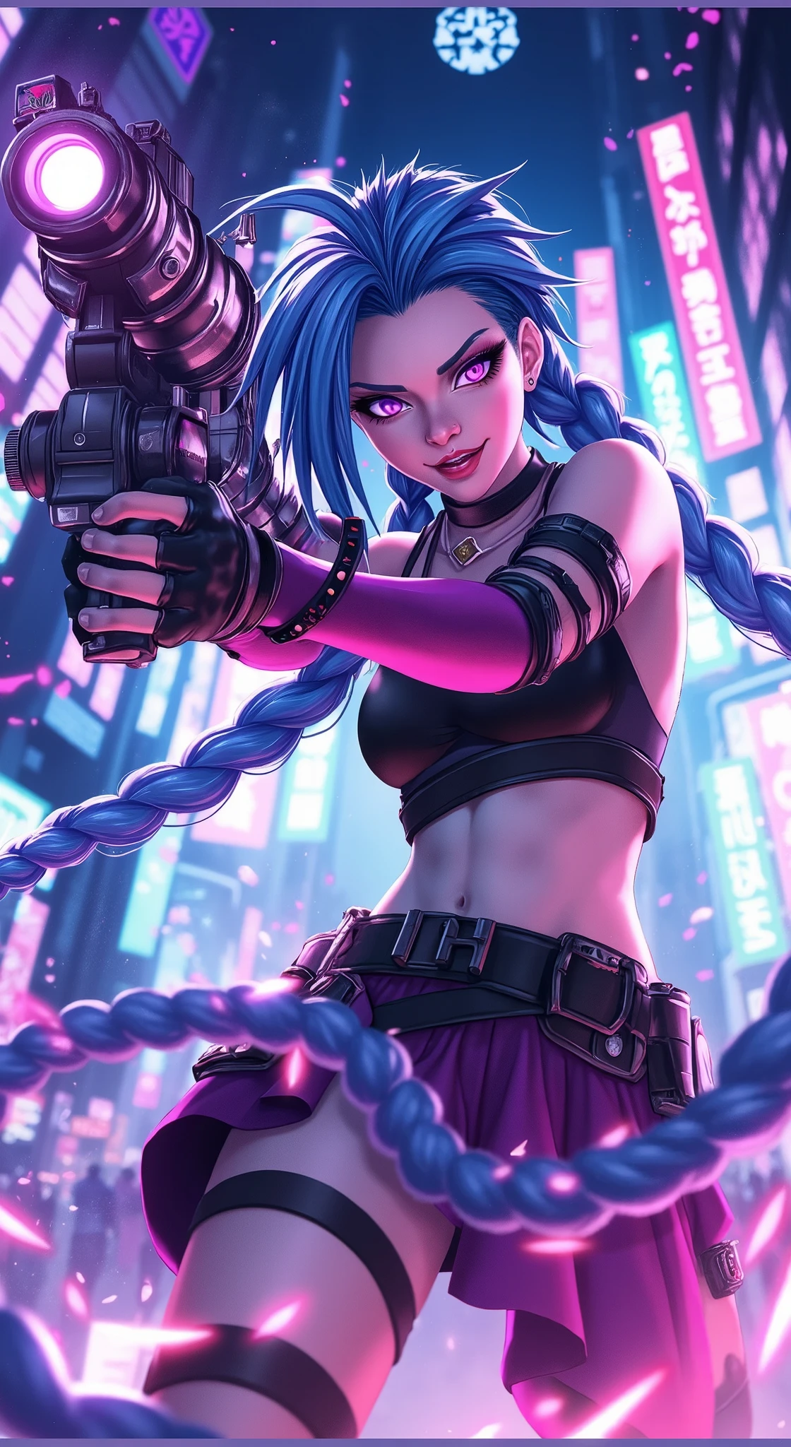 Jinx from League of Legends in a cyberpunk setting, striking a dynamic battle pose. She has wild blue hair styled in pigtails, wearing a colorful and edgy outfit with various gadgets and weapons. Jinx is raising her weapon, aiming it directly at the camera with an intense expression. Neon lights and futuristic cityscape in the background, showcasing a vibrant, high-tech environment filled with glowing signs and towering structures. The overall mood is energetic and fierce, capturing the essence of a battle-ready character in a cyberpunk world.