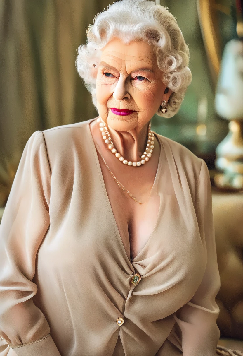 (gorgeous queen elizabeth 80yo:1.3), (huge saggy breast and pointed nipples:1.4), wide cleavage, red lips, (beige sheer chiffon shirt:1.5), (pearls), relaxing on sofa, adverting for fashion company