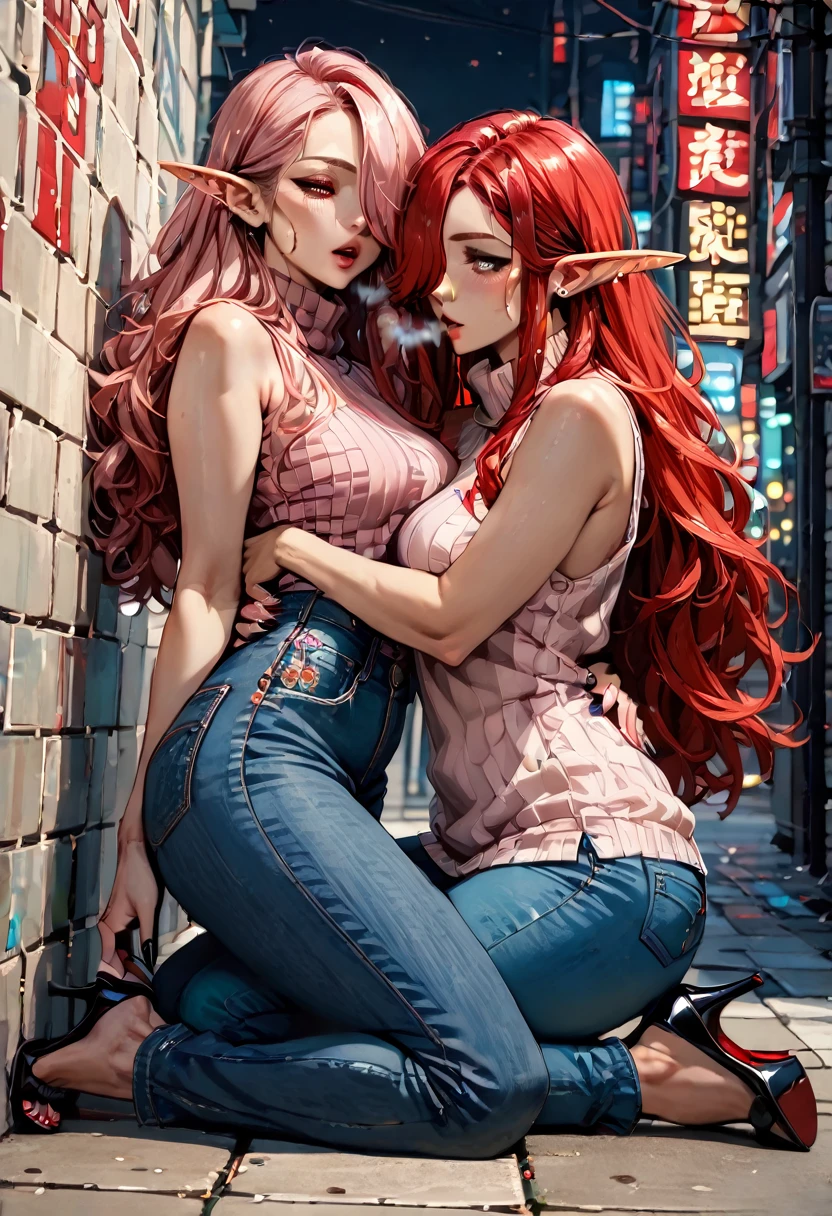 score_9, score_8_up, score_7_up, 2girls {Afemale_and_Bfemale}, Tag1: {Afemale: Adult, Mature, Curvy, Elf Woman: 1.3, (Long Red Hair over one eye: 1.6), wearing a (Sleeveless Turtleneck Shirt with Blue Jeans and Black Stiletto High Heels: 1.3), (Bare Arms: 1.3), curvy: 1.3} and Tag2: {Bfemale: Adult, Curvy, Mature, Elf Woman: 1.3, (Long Pink hair over one eye: 1.3), wearing a (Pink Sleeveless Turtleneck Shirt with Blue Jeans and Pink Stiletto High Heels: 1.3), (Bare Arms: 1.3), curvy: 1.3}, (Mouth Open, Breath Visible: 1.3), Panting, Standing, pressing against wall, arm around waist, hand in hair: 1.3, Kiss: 1.3, in city surrounded by neon lights, eyes closed: 1.3, Medium Breasts: 1.3, (Close-up_from_side: 1.6),

