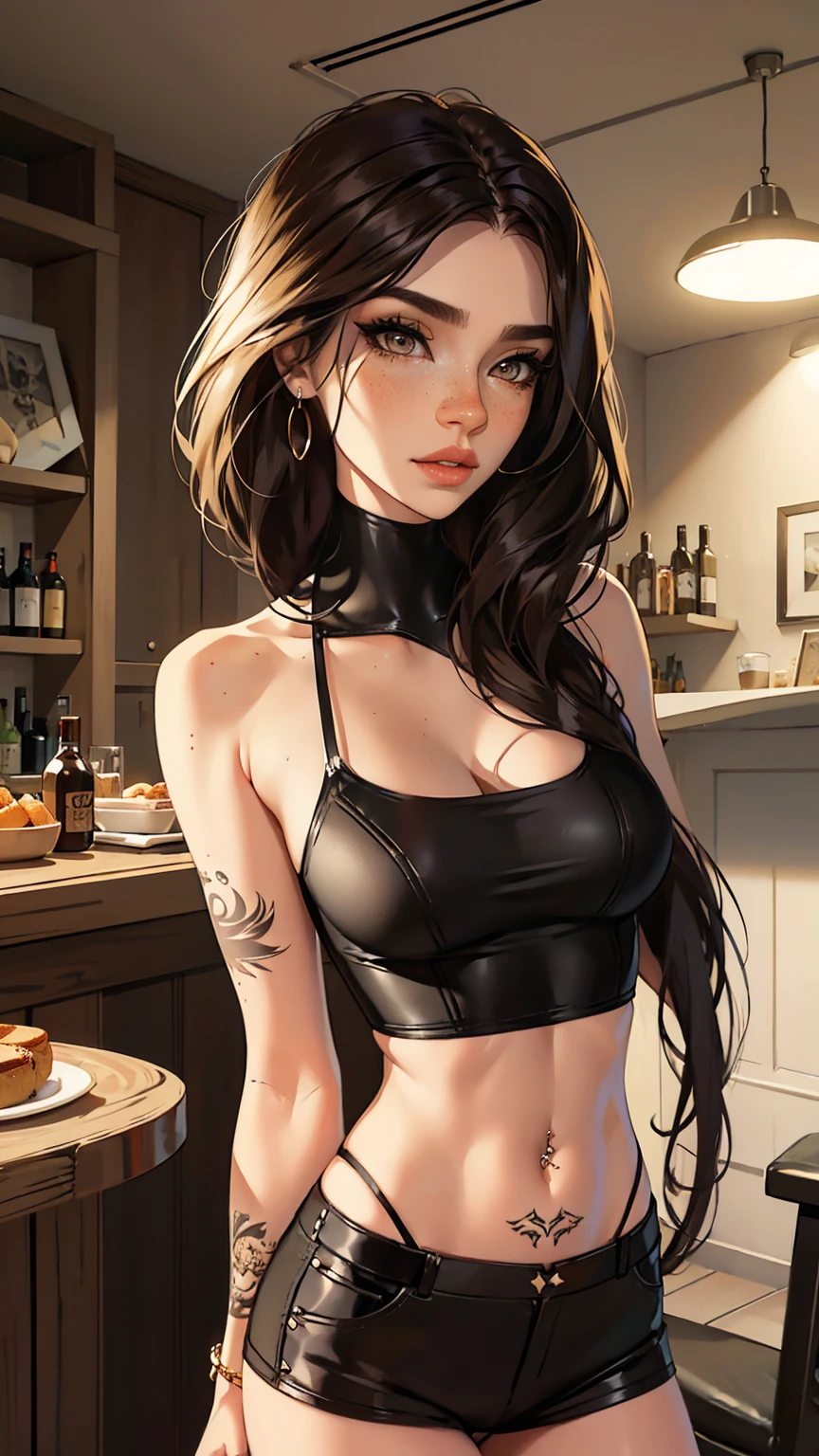 （lifelike， high - resolution：1.3）， 1 girl with a perfect body，slender body, Suprenme face and eyes， blaire ivory, lena anderson, (dark eyelashes, eyeliner), shoulder length  hair, freckles, golden brown  hair with dark roots, shoulder length hair, skinny, petite, saloon girl, saloon bartender, long torso, abdomen, torn pantyhose under short shorts, (covered in tattoos, septum piercing)