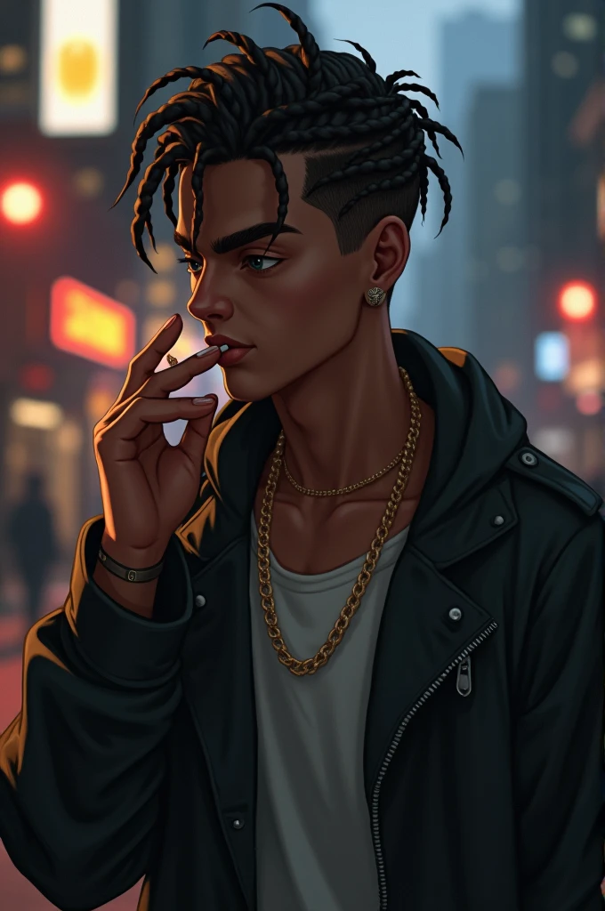A young dark-skinned male lying on a cloud smoking