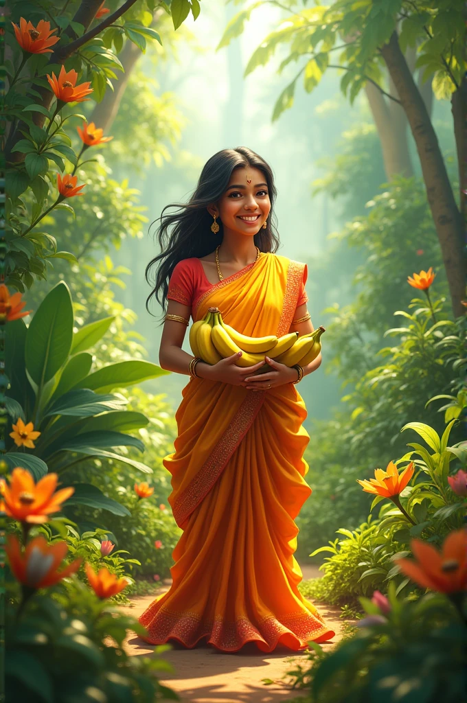 A girl wearing a thin saree dress is sitting on a big mango tree and her breasts are very big and she is eating juicy mango and the mango juice is splashed on her breast and a mango seed is spread between both the breasts.