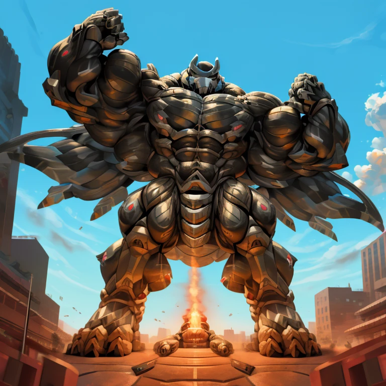 (masterpiece. official art. 8k. best quality. detailed full body. full body.)
(situation 1 : dominating mega Lucario. focus Colossus mechanical Muscular mega Lucario is trampling the CITY. macro. stomp. Low-angle perspective. emphasizing the immense size. The perspective is from below, emphasizing the sheer majesty and power of the Colossus. Colossus art. He is much bigger than a skyscraper. Giga Colossuss. micro soccer field. looking down.)

(situation 2 :smoke and flames rising from the destruction in the city)

(Additional details 1: wearing a full-face helmet. helmet is jet black. The color of NANOSUIT is jet black. high-tech bio-mecha armor. real texture material. whole body shines like metal. Wearing cyberpunk mecha. emphasizes the muscles. suit fully made of metal. intricate armor. Robotic suit. suit fully made of metal. NANOSUIT with the same design as mega Lucario.). (mega Lucario has 5 toes.)

(Additional details 2: (Detailed head. Detailed Body. Detailed abs. gigantic muscles. HYPER MUSCLES. Gigachad Muscular. big muscle. pecs. triceps. traps. unusually developed muscular body. body full of huge muscles. showing off muscles. pectorales enormes. Exaggeratedly huge muscles. huge muscles. long legs.).

(Additional details 3: nj5furry, Spread wings. It has wings. black have big wings. The claws are sharp. Sharp teeth.5 toes.). 