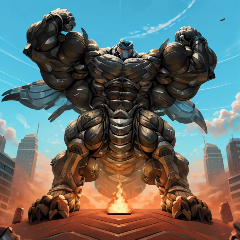 (masterpiece. official art. 8k. best quality. detailed full body. full body.)
(situation 1 : dominating LUCARIO. focus GIANT mechanical Muscular LUCARIO is trampling the soccer field. CITY. macro. stomp. Low-angle perspective. emphasizing the immense size. The perspective is from below, emphasizing the sheer majesty and power of the Giant. giant art. He is much bigger than a skyscraper. Giga Giants. micro soccer field. looking down.)
(situation 2 :smoke and flames rising from the destruction in the city)
(Additional details 1: wearing a full-face helmet. high-tech bio-mecha armor. real texture material. whole body shines like metal. Wearing cyberpunk mecha. emphasizes the muscles. suit fully made of metal. intricate armor. Robotic suit. suit fully made of metal. cyborg. Powered exoskeleton with the same design as LUCARIO).
(Additional details 2: (Detailed head. Detailed Body. Detailed abs. gigantic muscles. HYPER MUSCLES. Gigachad Muscular. big muscle. pecs. triceps. traps. unusually developed muscular body. body full of huge muscles. showing off muscles. pectorales enormes. Exaggeratedly huge muscles. huge muscles. long legs.).
(Additional details 3: nj5furry, Spread wings. It has wings. White have big wings. The claws are sharp. Sharp teeth.5 toes.).
