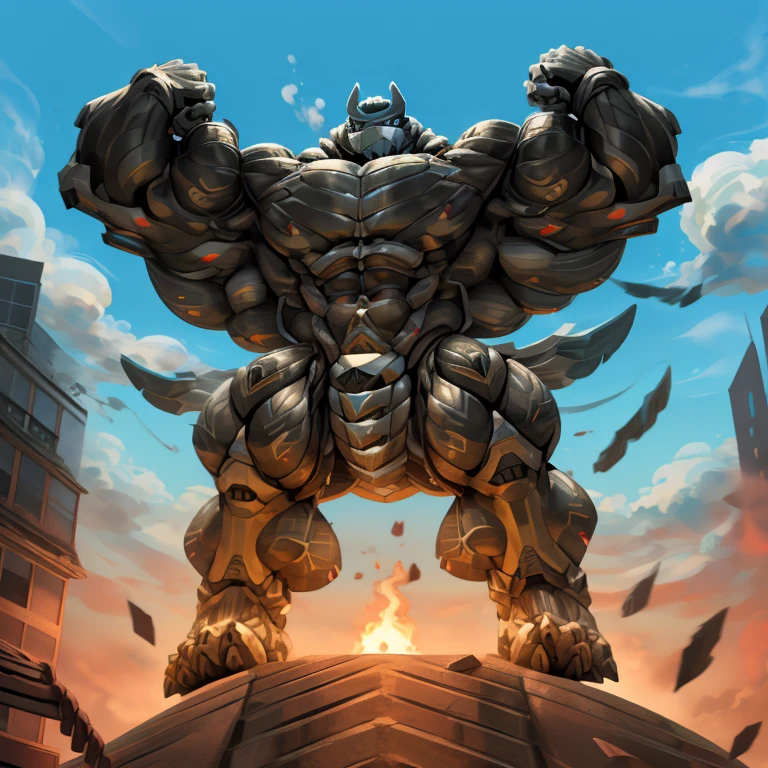 (masterpiece. official art. 8k. best quality. detailed full body. full body.)
(situation 1 : dominating mega Lucario. focus Colossus mechanical Muscular mega Lucario is trampling the CITY. macro. stomp. Low-angle perspective. emphasizing the immense size. The perspective is from below, emphasizing the sheer majesty and power of the Colossus. Colossus art. He is much bigger than a skyscraper. Giga Colossuss. micro soccer field. looking down.)

(situation 2 :smoke and flames rising from the destruction in the city)

(Additional details 1: wearing a full-face helmet. helmet is jet black. The color of NANOSUIT is jet black. high-tech bio-mecha armor. real texture material. whole body shines like metal. Wearing cyberpunk mecha. emphasizes the muscles. suit fully made of metal. intricate armor. Robotic suit. suit fully made of metal. NANOSUIT with the same design as mega Lucario.). (mega Lucario has 5 toes.)

(Additional details 2: (Detailed head. Detailed Body. Detailed abs. gigantic muscles. HYPER MUSCLES. Gigachad Muscular. big muscle. pecs. triceps. traps. unusually developed muscular body. body full of huge muscles. showing off muscles. pectorales enormes. Exaggeratedly huge muscles. huge muscles. long legs.).

(Additional details 3: nj5furry, Spread wings. It has wings. black have big wings. The claws are sharp. Sharp teeth.5 toes.). 