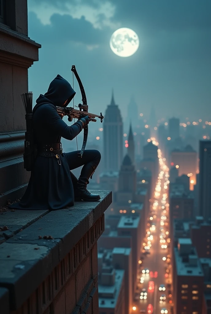 photoreallistic stunning assassin hold hi-tech cross-bow kneeling and aiming from the tip of a high building to the down town target far below, dark cityscape with full moon floating in the city, dramatic dimmed lights