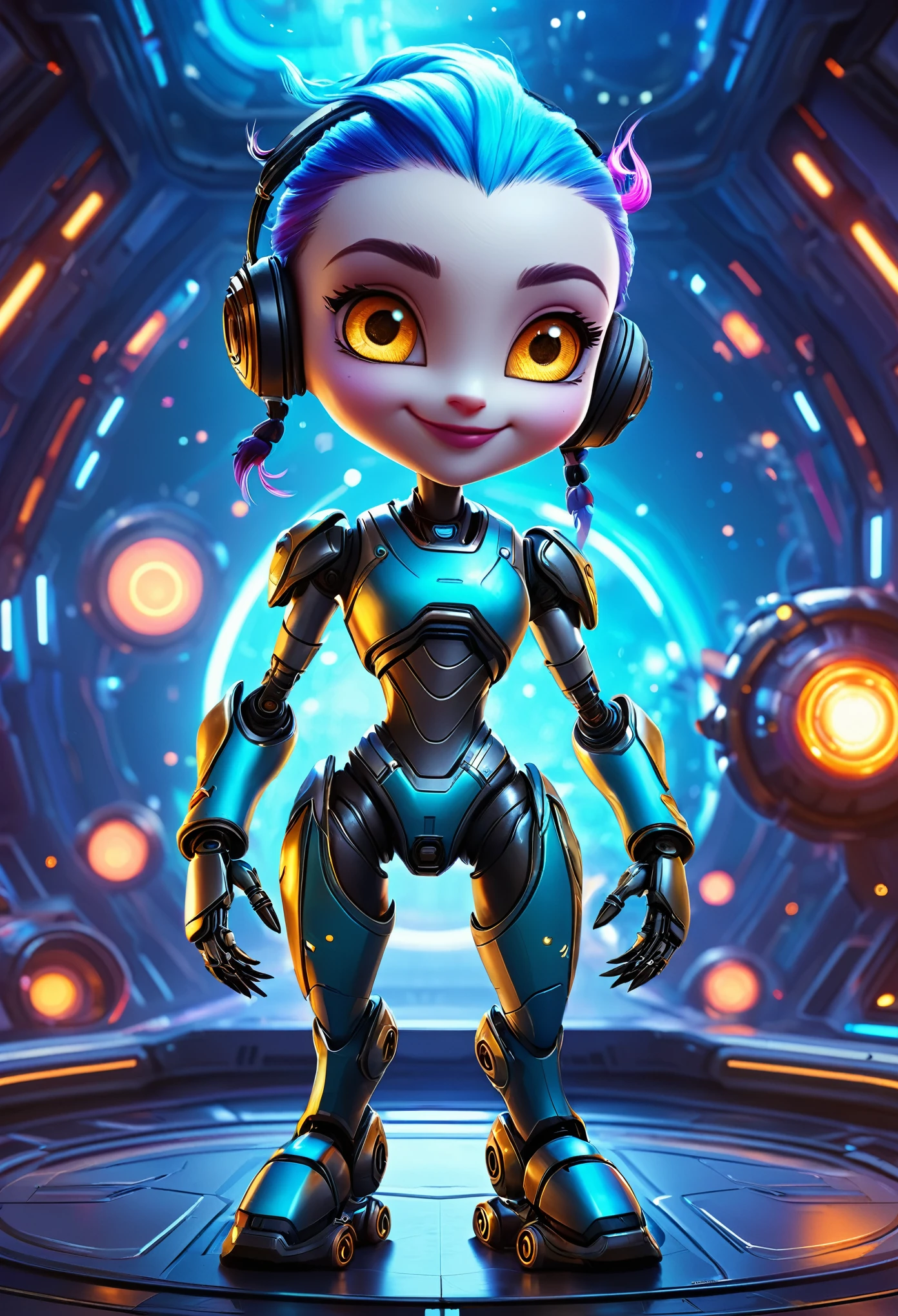 A full-body portrait of a tiny anthropomorphic robot version of Jinx from League of Legends, standing on a spaceship. She has oversized expressive eyes and a playful demeanor, showcasing her mischievous personality. The background features futuristic spaceship interiors, with glowing panels and intricate machinery. Surrounding her are small bursts of fire, adding a dynamic element to the scene. The lighting is professional and highly detailed, creating a new realism effect, with color grading that enhances the vibrant colors and metallic textures of the robot. The overall composition captures the lively essence of Jinx in a sci-fi setting.