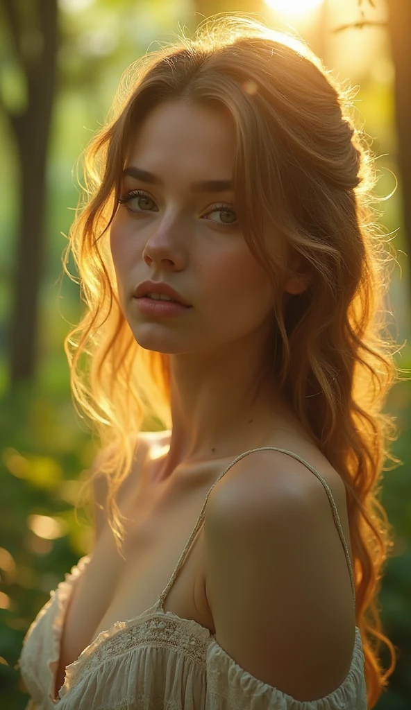 beautiful young female, 1girl, outdoor, detailed face, gorgeous eyes, lush forest, golden hour, natural lighting, cinematic, high quality, extremely detailed, intricate, photorealistic, 8k, hyper detailed, dramatic lighting, warm colors, glowing skin, flowing hair, soft focus, elegant pose, serene expression, nature background, peaceful atmosphere, award winning photograph