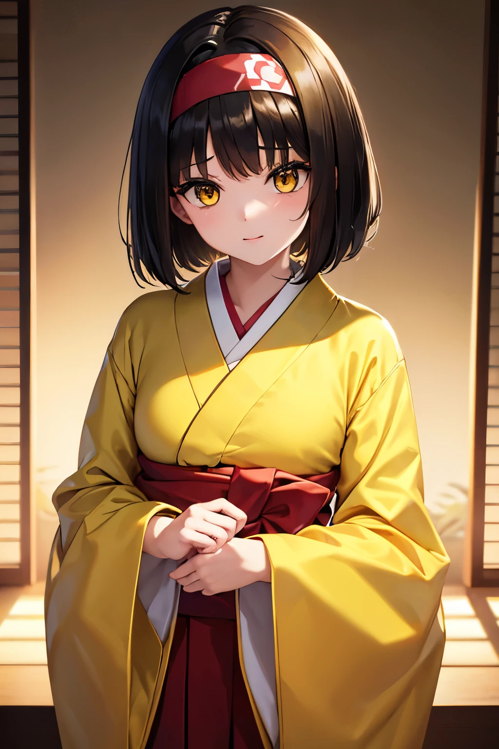 (8k, raw photo, masterpiece, extremely detailed, best quality, professional lighting, high res), BREAK beautiful and adorable girl, pokemonerika, (yellow eyes:1.5), black hair, headband, short hair, japanese clothes, kimono, hakama, red hakama, long sleeves, wide sleeves