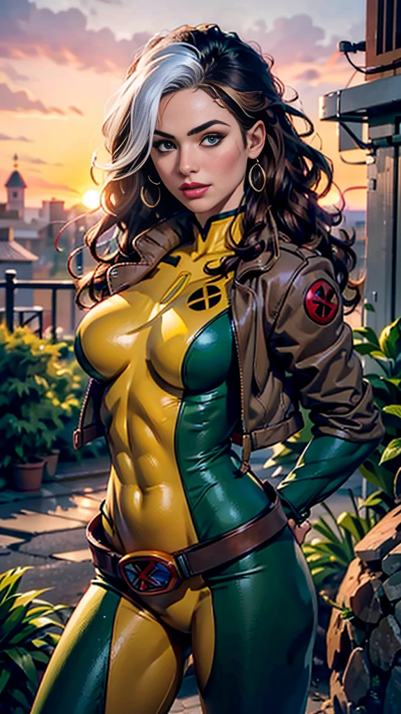 Kat Dennings、Wet、Full body view, Long Hair, brown hair, Green Eyes, lipstick, compensate, lips,Emphasize cleavage、 sexy、White stripes in hair, like, Wavy Hair, Messy Hair, Curly Hair, middle～Large breasts, Surface Plot, ((Kelli Berglund:Bailee Madison:0.5)), 黄colorのスーツ, Jacket, gloves, belt, gloves amarillos, Green Suit, (Bodysuits:1.4), Traje multicolor, (Superhero:1.4), tight skin, Ropa multicolor, Garden and wisteria background, Official Art, extremely detailed CG 8k wallpaper, Perfect lighting, De color, bright_amount_method_Light, piel bright, (masterpiece:1.0), (Better_quality:1.0), Ultra-high resolution, 4k , Super detailed, Director of Photography, 8k, HDR, Altas ResoLightones, (Disorganized:1.2), Kodak Portrait 400, Film Grain, blurred background, (Bokeh:1.2), Lens flare, (Vibrant_color:1.2), Professional photography, (beautiful_method:1.5),More detailed 8K.Unreal Engine:1.4,Hmm,La Better calidad:1.4, Realistic:1.4, skin temperature:1.4, masterpiece:1.8,masterpiece, Better calidad,Object Object], (Detailed facial features:1.3),(Antesedentes apocalyptic destroyed city:1.4), (Apocalyptic Sunset:1.4)