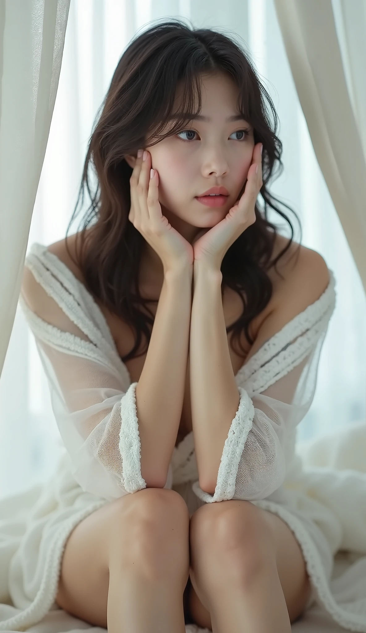 ((Lie down and sleep))、((closing eye))、((real face))、(Separated lips)、((looking downwards))、(top-quality、8K、masterpiece:1.3)、Photorealsitic, foco nítido, high-level image quality, hight resolution, Portrait, Solo, japanes, femele, Beautie, Camisole、Dirty room、window