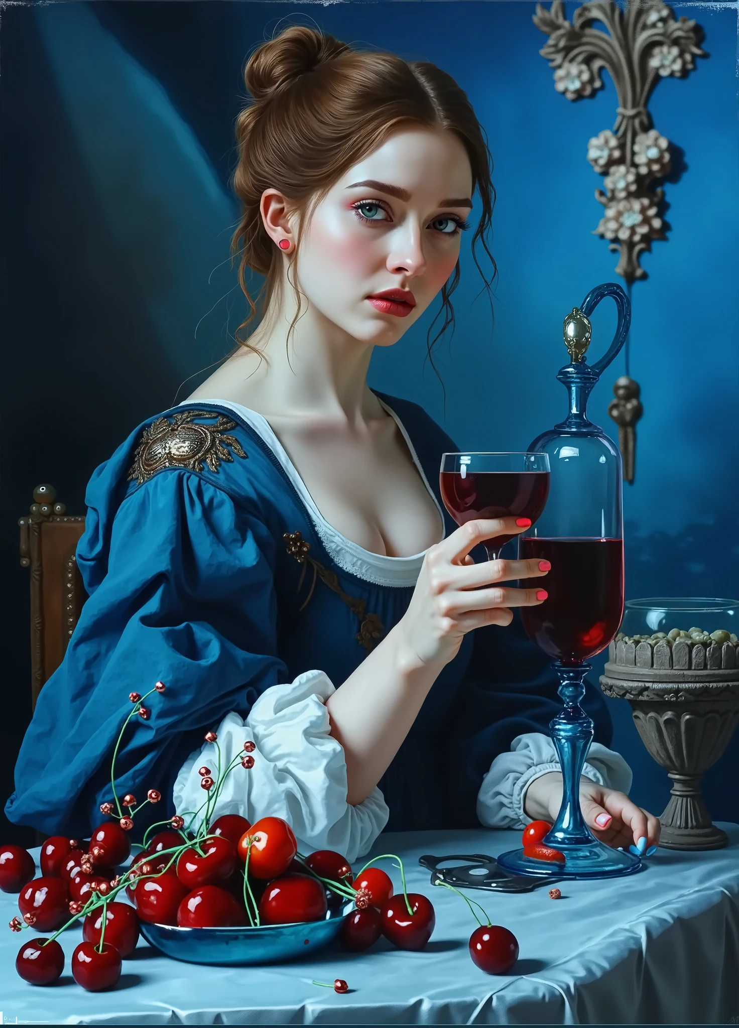 araffe woman with grapes and glass of wine in hand, Karol behind uhd, natalie shau tom bagshaw, full of glass. CG Society, Vadim Kashin. ultra realistic, jana brick art, Retrato de uma ninfa de fantasia sombria, stefan gesell, in the style of dark fantasy art, artistic style tom bagshaw