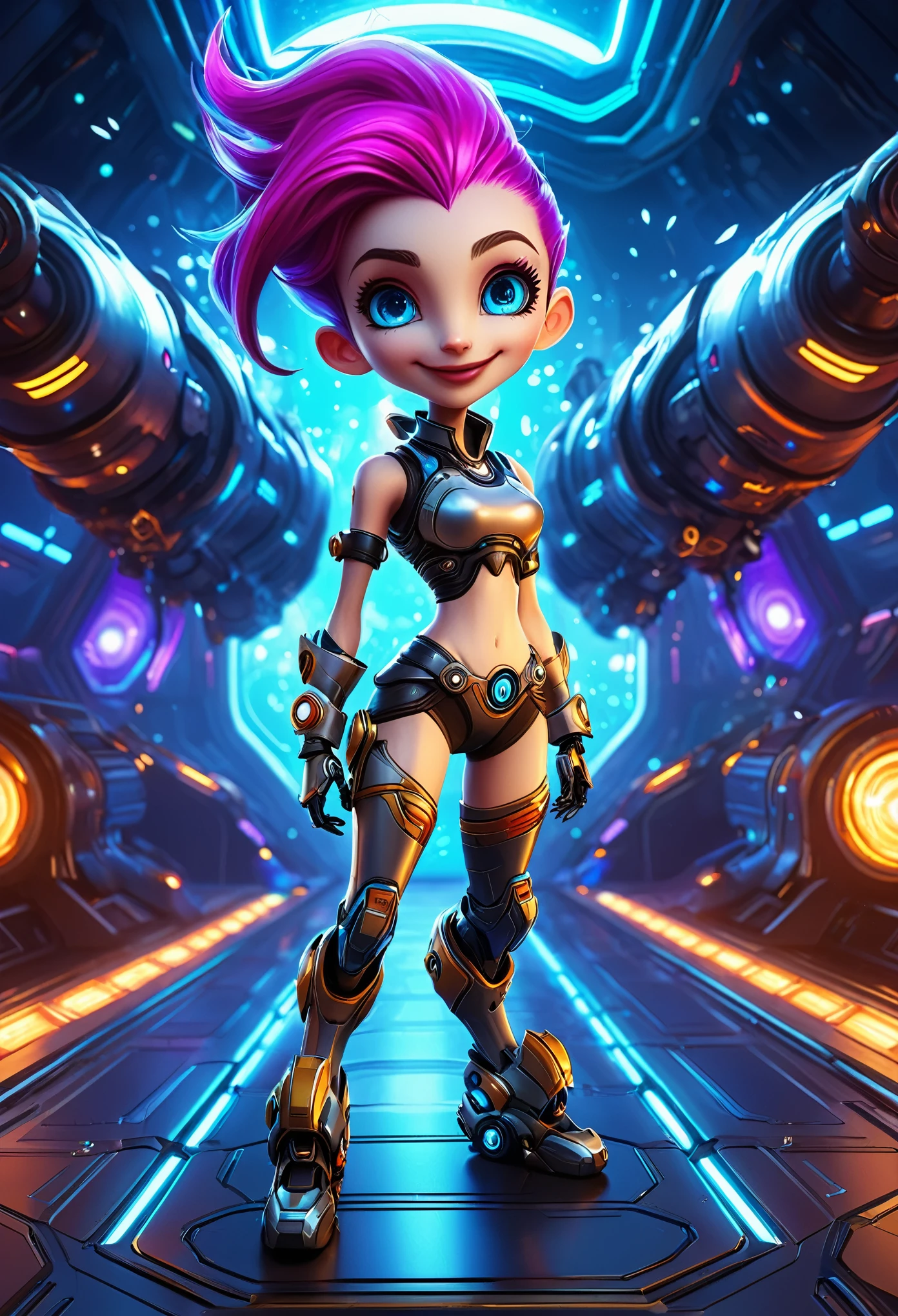 A full-body portrait of a tiny anthropomorphic robot version of Jinx from League of Legends, standing on a spaceship. She has oversized expressive eyes and a playful demeanor, showcasing her mischievous personality. The background features futuristic spaceship interiors, with glowing panels and intricate machinery. Surrounding her are small bursts of fire, adding a dynamic element to the scene. The lighting is professional and highly detailed, creating a new realism effect, with color grading that enhances the vibrant colors and metallic textures of the robot. The overall composition captures the lively essence of Jinx in a sci-fi setting.
