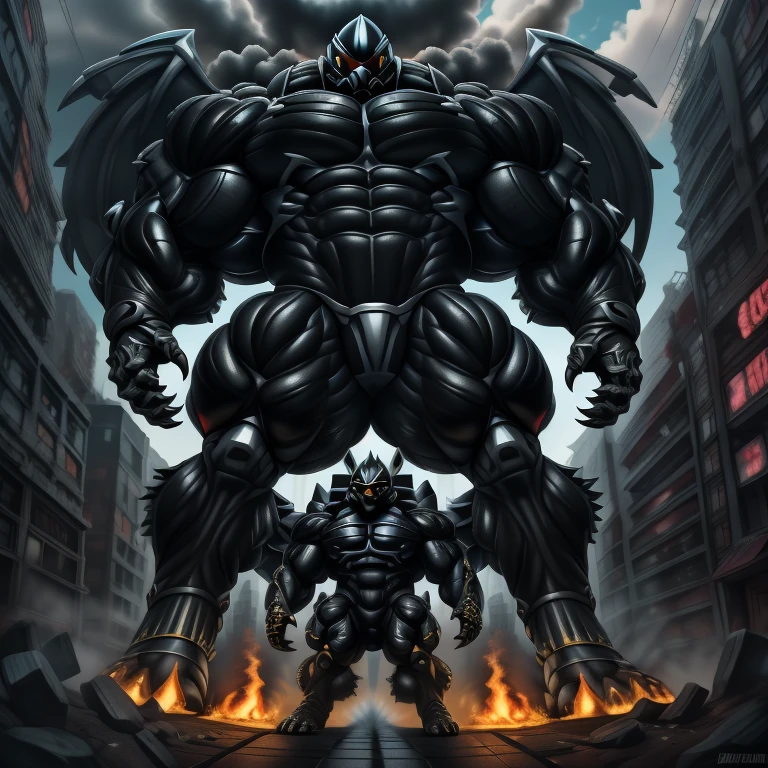 (gigantic muscles), 8K, Masterpiece, highres, Detailed head, Detailed Body, full body, Detailed abs, wearing crNanosuit, big muscle (pecs, triceps, traps) unusually developed muscular body,
body full of huge muscles.
pectorales enormes. Exaggeratedly huge muscles. Gigachad Muscular, gigantic muscles, Colossal giant NANOSUIT over a battlefield, The claws are sharp, Sharp teeth, Spread wings, have big wings. black wings, nj5furry, Animal paws, castle, black visor, barrel(live a hero)