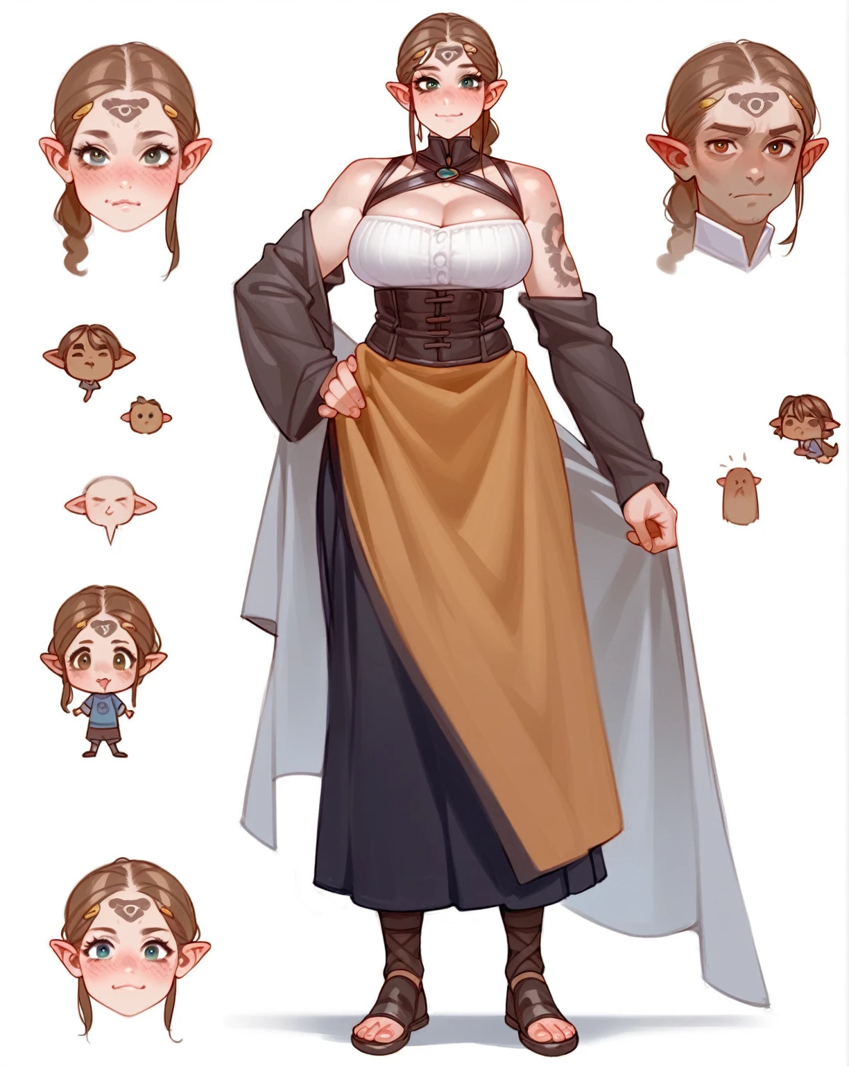 A selection of various facial expresions, straight haired brunette adult female, wearing loose brown dress, warm brown colored shirt with low neckline and cuffed sleeves, medieval, brown hair, large long shaped tits, silly personalty, cute happy demeanor, sunny disposition, deredere, character sprite sheeet, reference sheet, model sheet