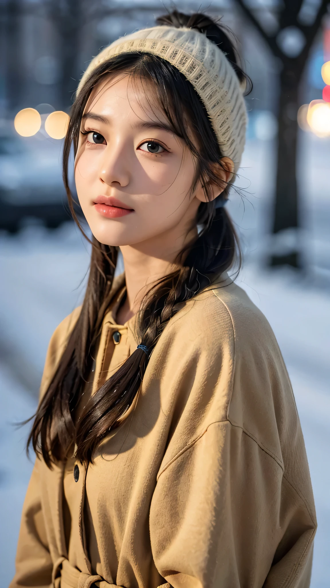 masterpiece、8K、32K、top-quality、(A detailed eye)、(A cute Japanese woman、bangss)、23years old、1 girl in、elegent、(Detailed background depiction、portlate:1.2)、(own hands together:1.5)、(illuminations、Snow:1.4)、(bobhair、wool coat、plaid scarf、knit hat:1.2)、(Snow:1.4)、(blushed face、Cheerful:1.4)、(Angle from below:1.4)