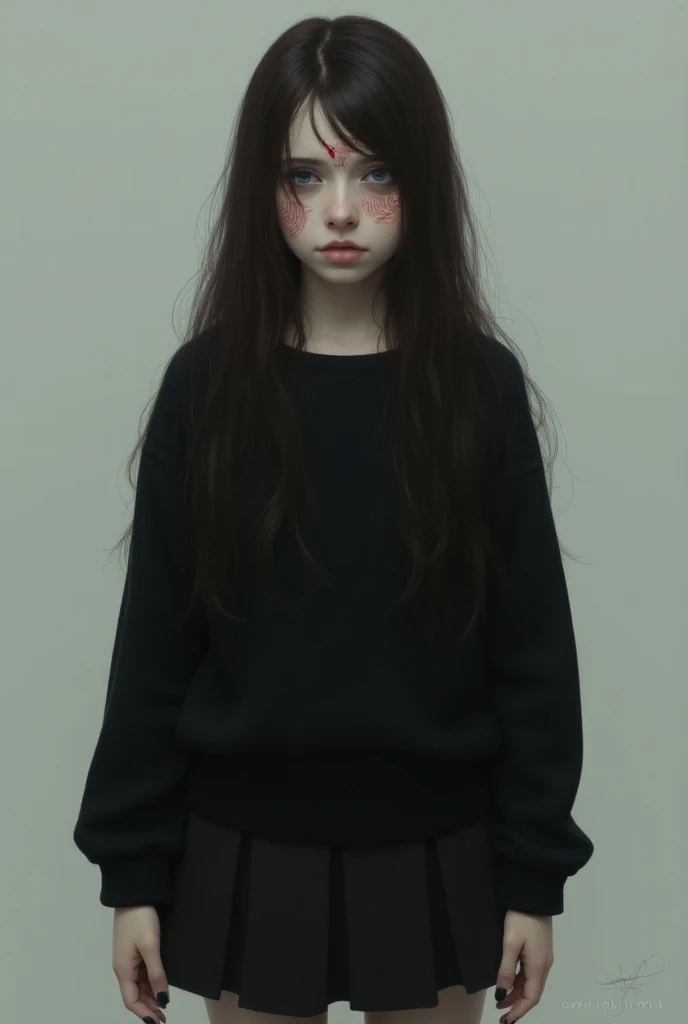 A pre teen 10 years old girl with pale skin and long, straight black hair. large and dark eyes , with an intense and enigmatic expression. wearing a black coat and a jeans overalls, with a more elegant and sophisticated touch, something that matches her mysterious and strong personality. Overall, her appearance would be striking, attracting curious and intrigued looks. flat chested, cinematic lighting, chromatic aberration, backlighting, masterpiece, high details, high quality, 4K.