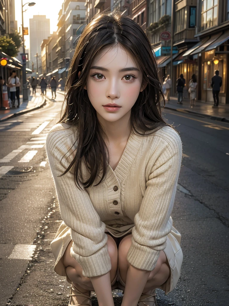 (Hyper-realistic), (illustratio), (A high resolution), (8K), (extremely higly detailed), (Most Best Illustration), (美丽细致的眼睛), (best qualtiy), (ultra - detailed), (tmasterpiece), ( the wallpaper), (详细的脸), 独奏， 1 rapariga, White wavy hair, korean people, heterochromatic eyes, small mole under eyes, Wear a bandeau shirt on top, Wear a short pink skirt underneath,white stockings， Long legs, Tightens abs，No chest leakage，Background on the street，Squat and sit，((Spread your feet apart))，((((No panties))))，