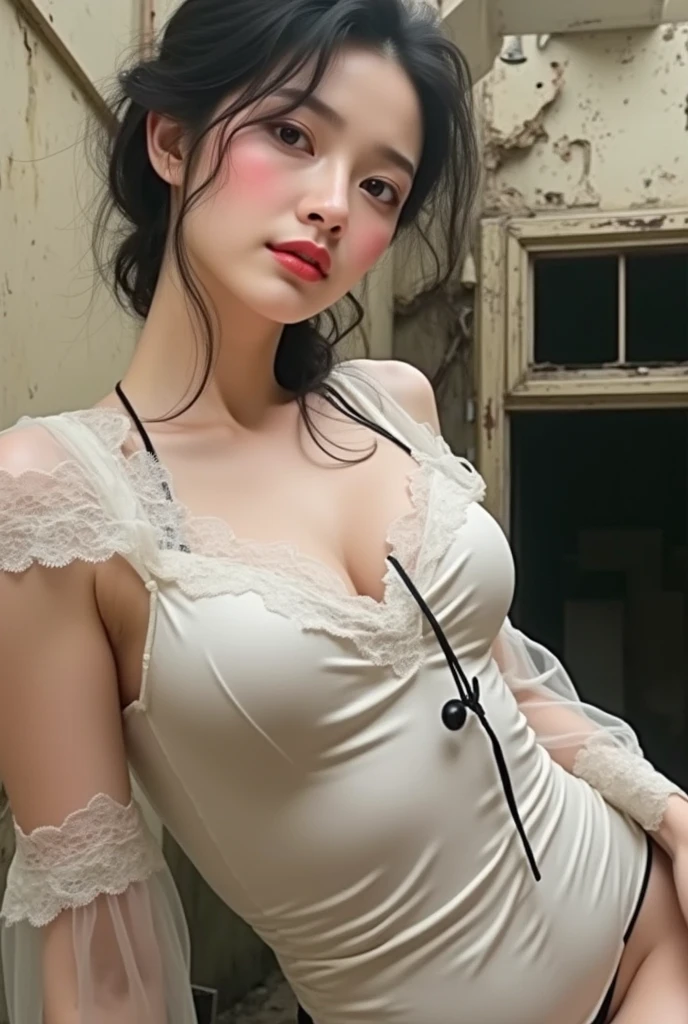 high quality fingers, Normal hands, detailed fingers,Masterpiece, (realisitic, Realistis:1.37), 40-year-old woman), Big breasts, small waists, black hair glamor, Blue Eyes, beautifull face, Perfect Illumination, Beautiful detailed eyes,looking up at viewer, stunningly beautiful woman, detailed hairstyle, detailed background, bedroom, bed, short skirt nurse uniform,Lace panties,(stocklings,garterbelt), (((lying on back))), top-down view, let your legs come out,Spread your legs apart,(((Climax leading to orgasm,facial expression,)))
