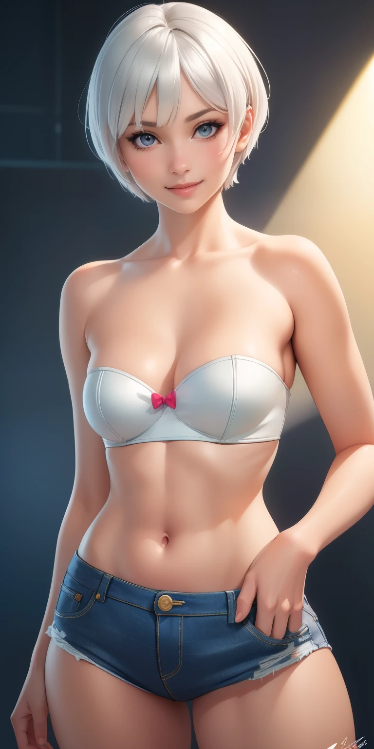 (best quality, ultra-detailed, photorealistic: 1.39), bright and vibrant colors, studio lighting, romantic expression, short jeans, strapless dress, undercut platinum bobcut, silver hair, small breasts, fit, short hair, mercenary, sexy smile, Cute bow in the hair