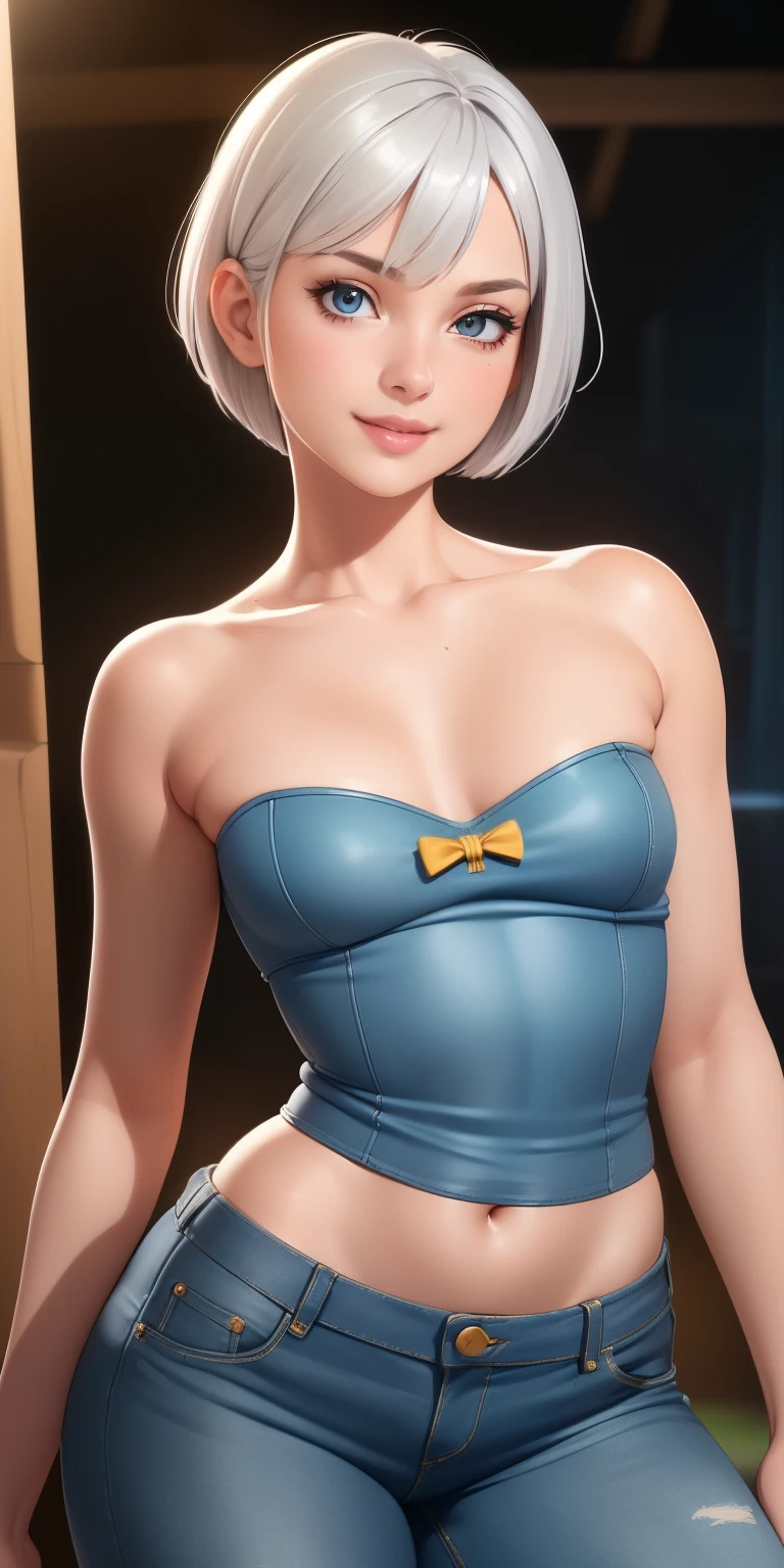 (best quality, ultra-detailed, photorealistic: 1.39), bright and vibrant colors, studio lighting, romantic expression, short jeans, strapless dress, undercut platinum bobcut, silver hair, small breasts, fit, short hair, mercenary, sexy smile, Cute bow in the hair