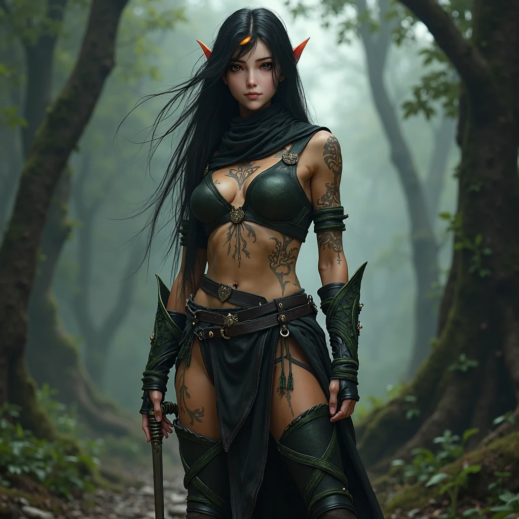 hyper-realistic, highest detail, full height view, ultra-sharp focus, 3D, a beautiful dark female elf is seen slowly emerging from a dark, minimal clothing, midriff, sword belt, thick bubbling cesspit of green oozing slime, half her body has risen, her black hair, and pale pink flesh contrasts with wickedly flashing green eyes, rotting trees, and mud line the banks