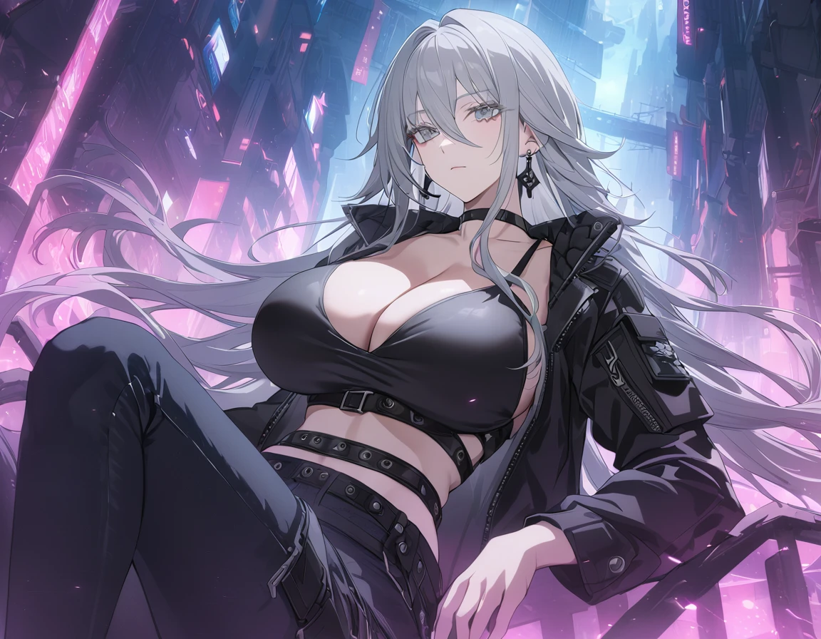 sovetsky_Soyuz, grey hair, long hair, cropped hoodie, shirt, black jeans, choker, earrings, webbed belt, tactical, large breasts, first rate breasts, grey eyes, detailed eyes, good eyes, sharp eyes, Long eyelashes, eye shadow, ominous vibe, expressionless, stoic, relaxing, Ultra quality, UHD, high detail, anime aesthetic, Anime screenshot, Ultra quality, UHD, high detail. Abstract artistic background