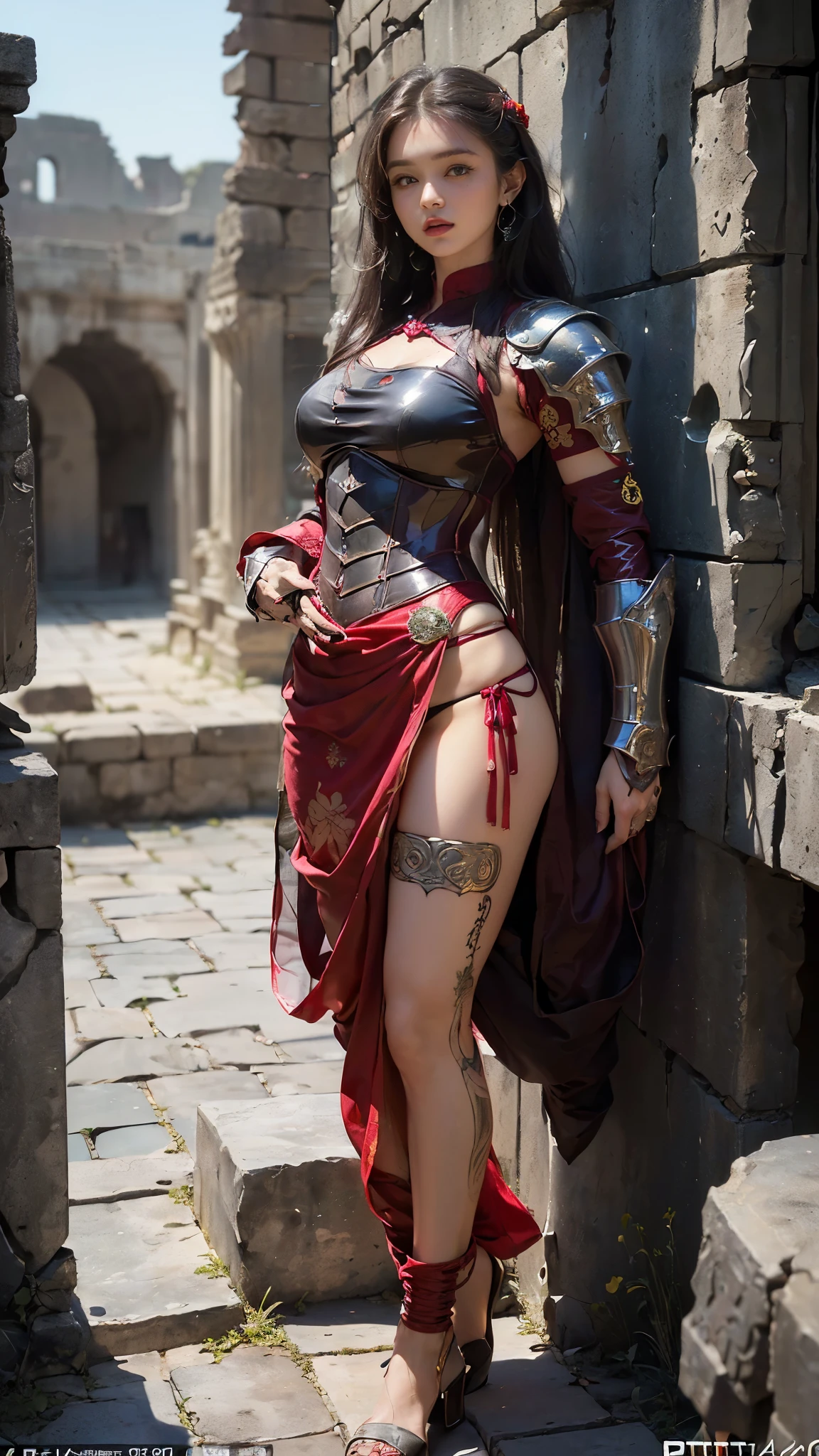full body, female slave barefoot, Solo, female, (red skin), linen tunic, fantasy village, muscular, armor, slave outfit, armor, slave, bracers, shackles, choker
