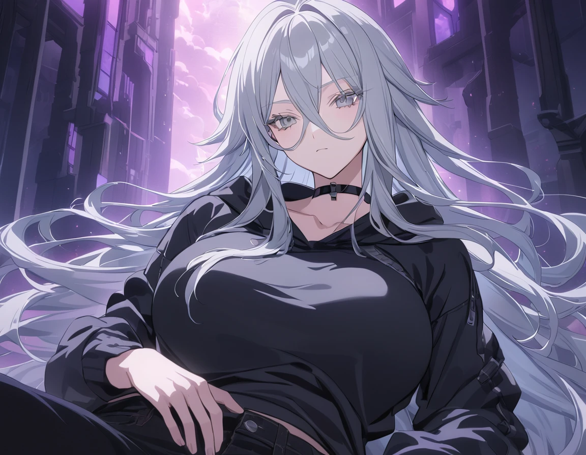 sovetsky_Soyuz, grey hair, long hair, cropped hoodie over shirt, black jeans, choker, large breasts, first rate breasts, grey eyes, detailed eyes, good eyes, sharp eyes, Long eyelashes, eye shadow, ominous vibe, expressionless, stoic, relaxing, Ultra quality, UHD, high detail, anime aesthetic, Anime screenshot, Ultra quality, UHD, high detail. Abstract artistic background