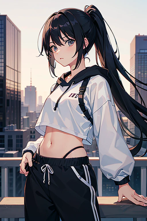 very good image, a cute beautiful anime tomboy girl, long black hair, hu tao , ponytail, white crop top hoodie, black training pants, city(hd view), high quality, high details