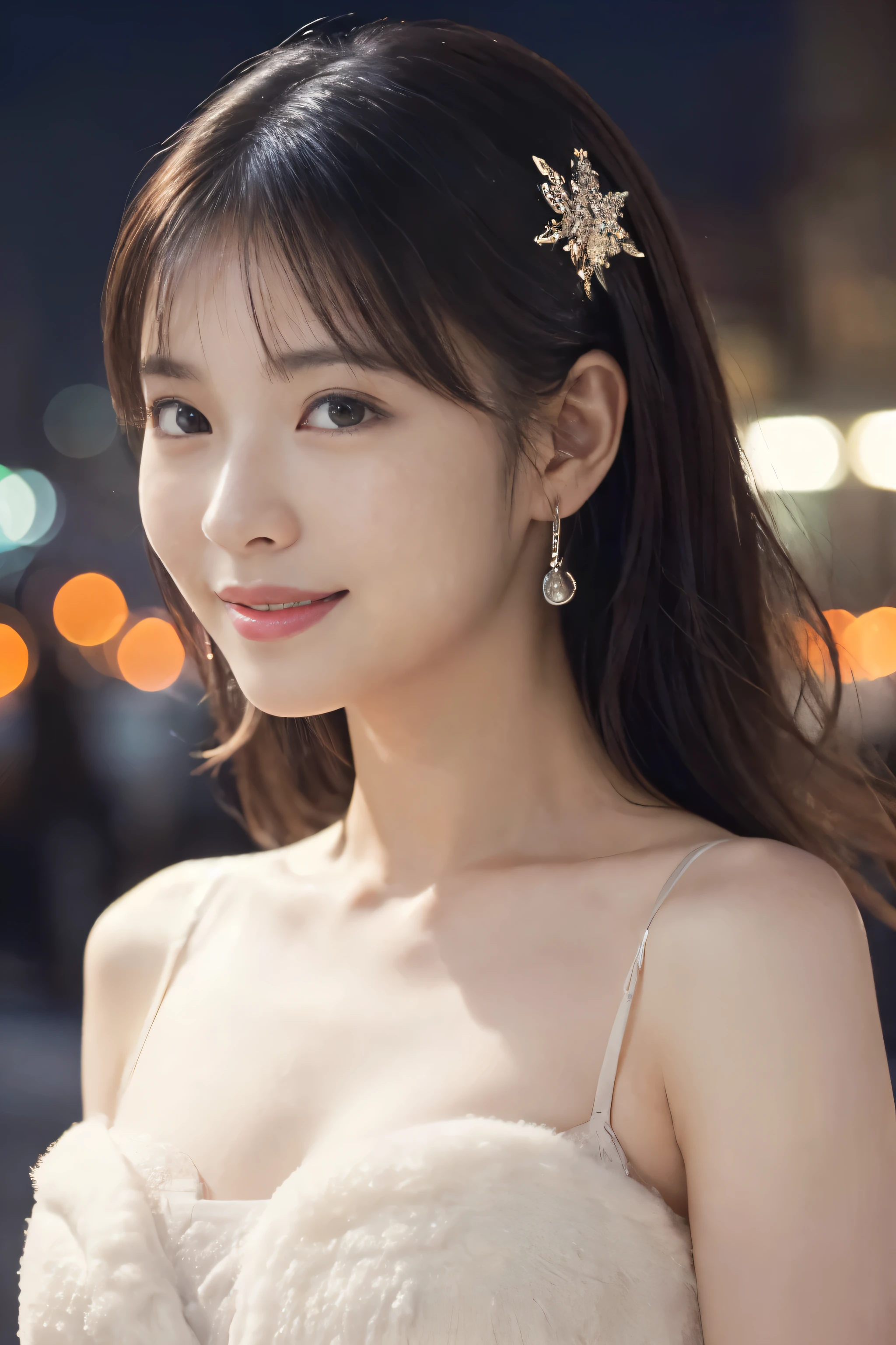((top-quality、in 8K、masterpiece:1.3、超A high resolution))、(Clear focus:1.4)、break、A Japanese Lady、年轻、1 persons、The upper part of the body、From an angle、light skinned、((dark brown hair))、(ornate dress:1.2、Detailed fabrics、Delicate fabrics)、Super fine face、A detailed eye、Narrow-eyed、二重まぶた、Reddish cheeks、Detailed skin、Sweating、Lustrous skin、Shine skin、Shaded skin、Wearing makeup、ruddy lips、a smile、Pearl Earrings、Large breasts、looking in camera、break、(细致背景、chies:1.3)、daytime、room lighting