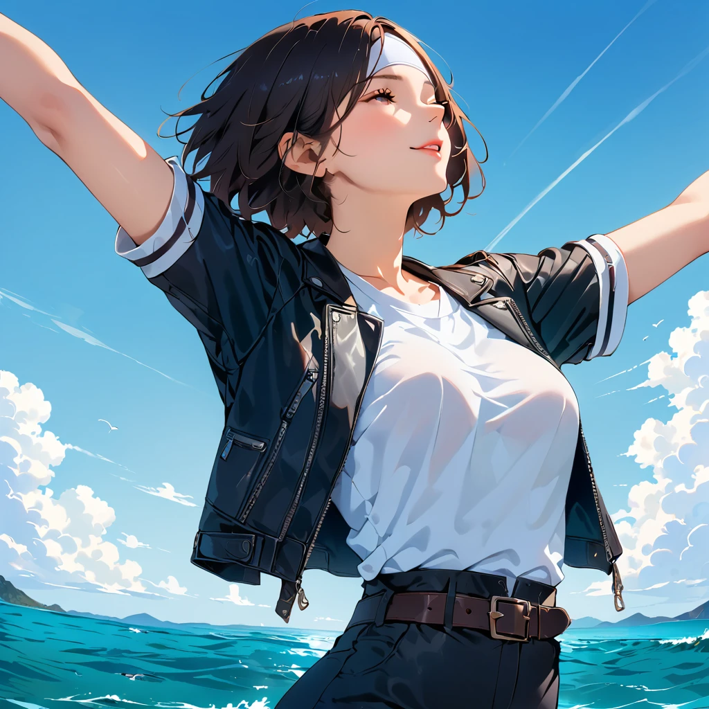 (masterpiece, Best Quality:1.2), 8k, 1, 85mm, Teen,  women with dark hair , Short black hair ,Red Eyes, The rest of her body remains submerged under the quiet ocean ,  the soft sunlight shines on the deep blue reflective surface of the water .,  (( black leather jacket with arms rolled up while holding up at the riverside)), ((white headband)),  jacket exposed to sunlight  ,  white t-shirt, Fingerless gloves, Brown belt,  black pants, showing her breasts , profile,  she closes her eyes for bright light 、 she spreads her arms wide ,  of a woman who floats on her back in the vast ocean ,  Project,  the horizon merges with the sky ., surreal and artistic scene ,Raise her chin and look up ,Her head is immersed in the ocean , floats on the surface of the deep sea , Her face and chest gently rise from the surface of the water .,She smiles warmly .