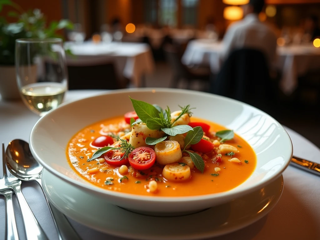 Mediterranean soup in an ultra-realistic gourmet restaurant