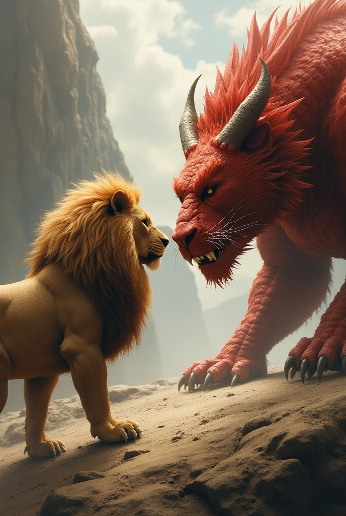 Imagine a colossal chimera, a creature born from the wildest myths, blending the most fearsome predators into one epic being. The main head is that of a majestic lion, with a flowing, golden mane that ripples like fire under the light of a setting sun. Its amber eyes blaze with fierce intelligence, and its sharp, elongated fangs seem designed to tear through reality itself. Emerging from its muscular back is a second head, that of a black goat with twisted horns and glowing red eyes, exuding a sinister cunning and ever-watchful gaze. Instead of a regular tail, this beast wields the head of a dragon at the end of a serpentine tail. The dragon's head is covered in dark green scales, with piercing yellow reptilian eyes and a mouth ready to unleash torrents of fiery breath.
The chimera's body is a formidable fusion of strength and agility, with the powerful torso of a lion that transitions into a scaled back, seamlessly blending fur and tough, dragon-like scales. On its back, two massive bat-like wings unfold, black with reddish undertones, their membranous structure stretching out like the fingers of a giant. These wings beat with such force that the air itself swirls into a vortex around the creature. Each of its steps reverberates like thunder, and its claws, sharp enough to shred steel, dig into the earth with a power that defies the gods.
The chimera is of gargantuan proportions, its sheer size towering over anything in its path, casting an imposing shadow. Its entire form is a blend of sleek fur and rugged scales, the perfect embodiment of primal chaos and overwhelming power. This creature stands as the pinnacle of epic myth, a living testament to the fusion of the most fearsome elements of nature into one awe-inspiring, terrifying form.