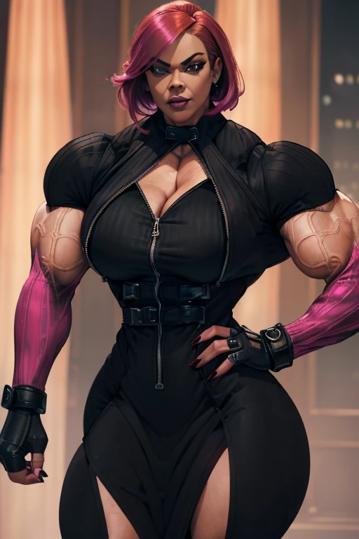 ((((Massive beautiful, buff, light brown skinned muscular paladin woman with shocking pink hair, black lipstick, ginormous bulky muscles and wearing full gleaming shocking pink paladin armored suit with tight pants)))), (close view), vascular, massive muscle, massive biceps, hyper muscle shoulders, hyper muscle triceps, (angled bob cut), red eyes, (knight boots), metal armor, armored breastplate, gauntlets, determined look, (in a castle in heaven), snowfall, Vascular arms, hyper muscles arms, hyper muscle legs, massive buff arms.