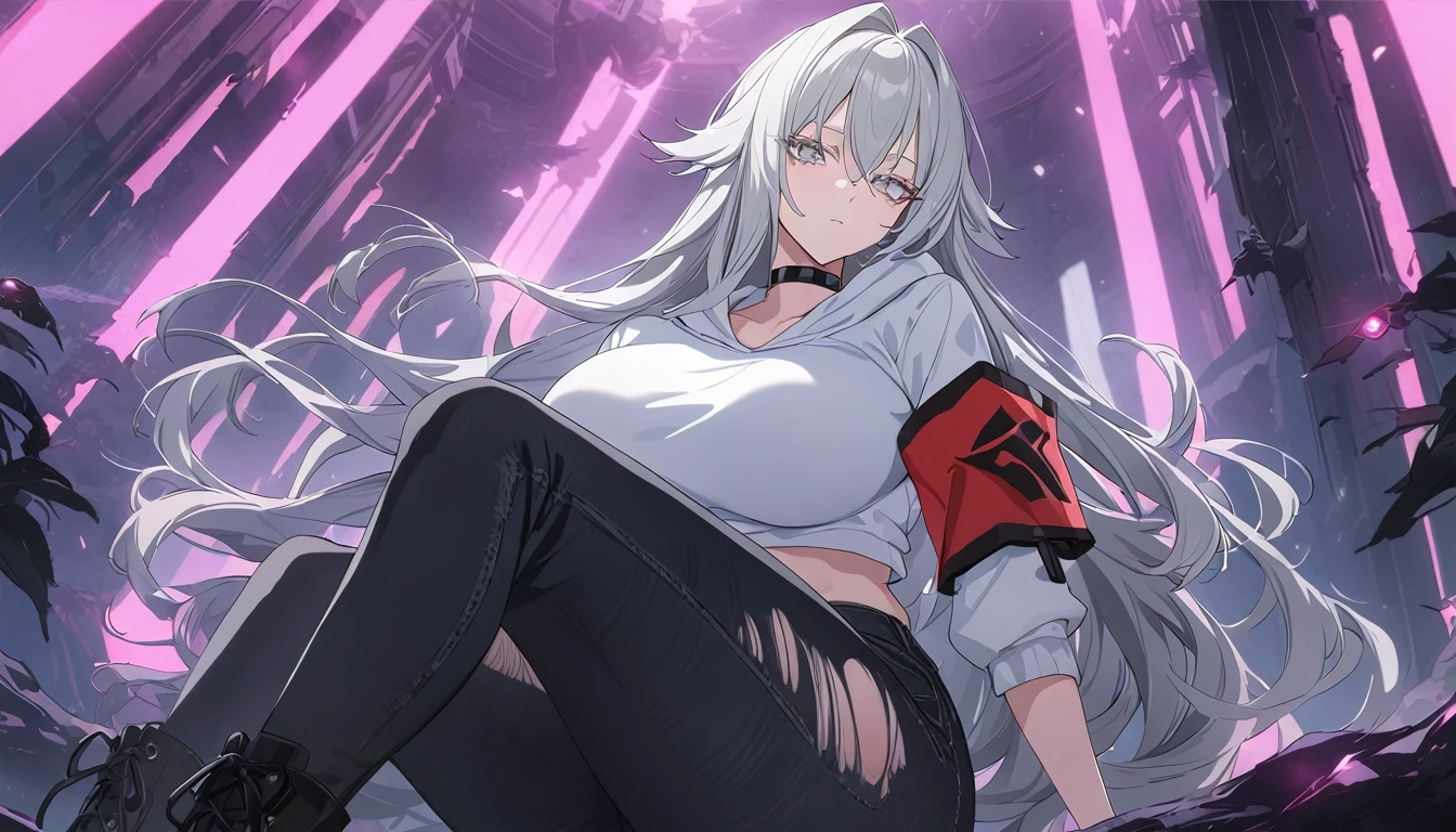 sovetsky_Soyuz, grey hair, long hair, cropped hoodie over white shirt, red armband, torn black jeans, boots, choker, large breasts, first rate breasts, grey eyes, detailed eyes, good eyes, sharp eyes, Long eyelashes, eye shadow, ominous vibe, expressionless, stoic, relaxing, Ultra quality, UHD, high detail, anime aesthetic, Anime screenshot, Ultra quality, UHD, high detail. Abstract artistic background, full body