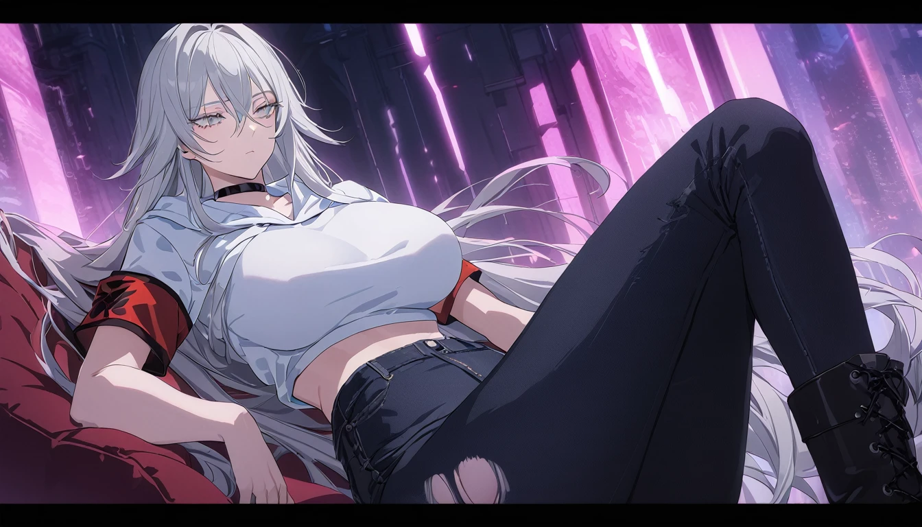 sovetsky_Soyuz, grey hair, long hair, cropped hoodie over white shirt, red armband, torn black jeans, boots, choker, large breasts, first rate breasts, grey eyes, detailed eyes, good eyes, sharp eyes, Long eyelashes, eye shadow, ominous vibe, expressionless, stoic, relaxing, Ultra quality, UHD, high detail, anime aesthetic, Anime screenshot, Ultra quality, UHD, high detail. Abstract artistic background, full body