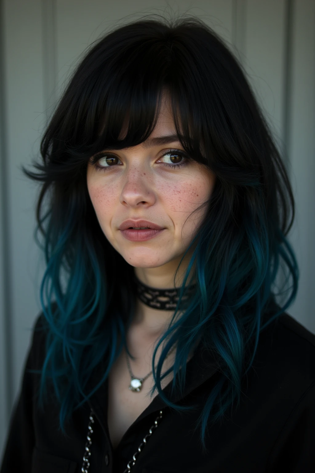 masterpiece, best quality,3d rending work ,3DMM style,close-up,portrait, 3D,1girl, solo, multicolored hair, blue hair, black hair, necklace, freckles, jewelry, two-tone hair, looking to the side, realistic, upper body, simple background, bangs, looking away, short hair, parted lips, black eyes, lips, gothic, choker, makeup, mole, black shirt, shirt, ultra detailed skin with pores, ray tracing, DSLR, UHD, 8k, photorealistic, masterpiece, award-winning