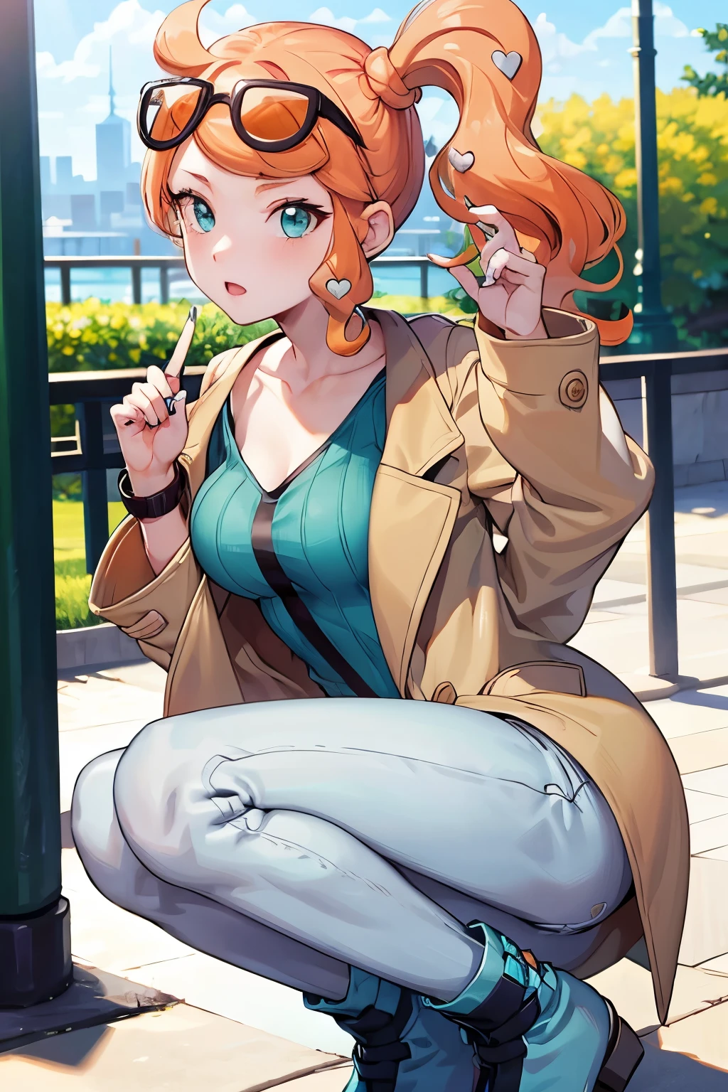 (8k, raw photo, masterpiece, extremely detailed, best quality, professional lighting, high res), BREAK beautiful and adorable girl, sonia \(pokemon\), aqua eyes, heart, heart hair ornament, long hair, long sleeves, orange hair, side ponytail, swept bangs, aqua footwear, aqua nails, aqua shirt, brown coat, brown jacket, coat, collarbone, eyewear on head, jacket, long sleeves, orange-tinted eyewear, pants, ribbed shirt, shirt, sunglasses, tinted eyewear