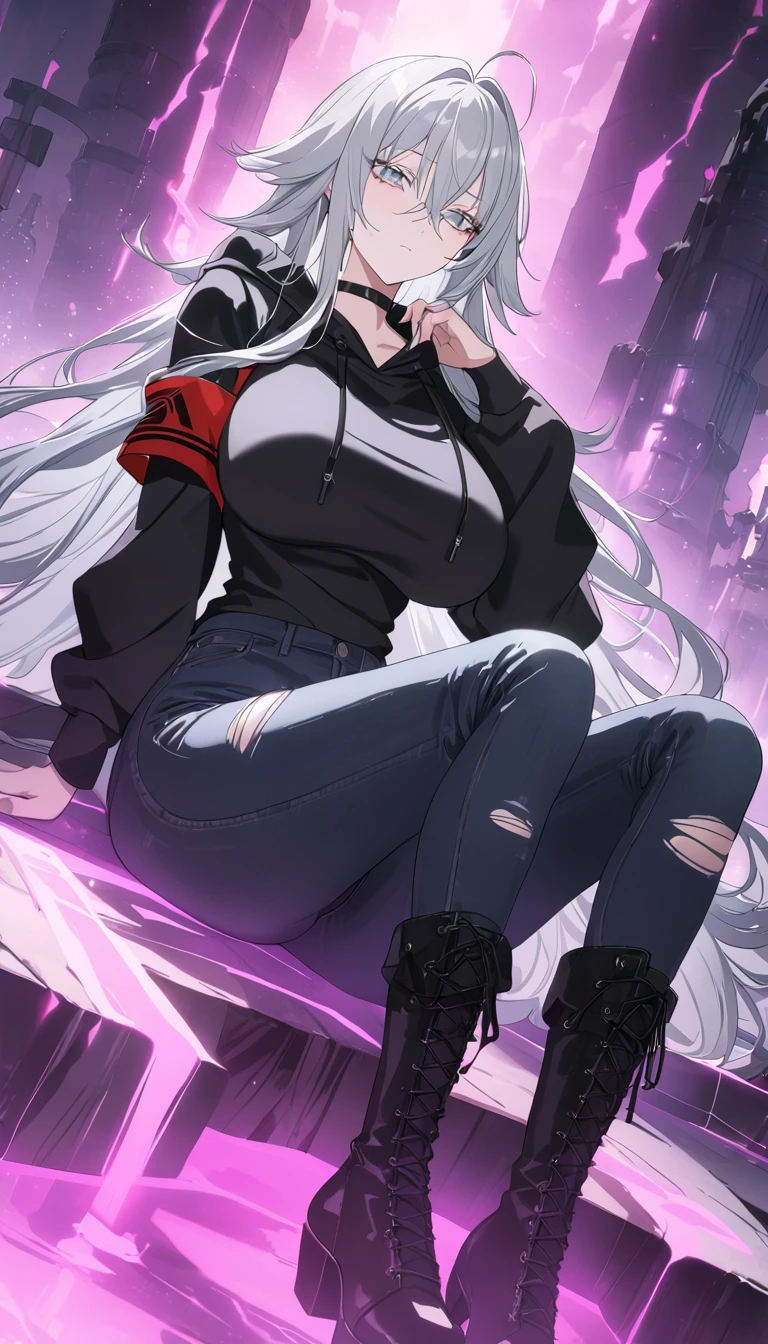 sovetsky_Soyuz, grey hair, long hair, cropped black hoodie over white shirt, red armband, torn black jeans, boots, choker, large breasts, first rate breasts, grey eyes, detailed eyes, good eyes, sharp eyes, Long eyelashes, eye shadow, ominous vibe, expressionless, stoic, relaxing, Ultra quality, UHD, high detail, anime aesthetic, Anime screenshot, Ultra quality, UHD, high detail. Abstract artistic background, full body