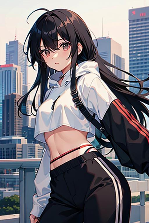 very good image, a cute beautiful anime tomboy girl, long black hair, white crop top hoodie, black training pants, city(hd view), high quality, high details