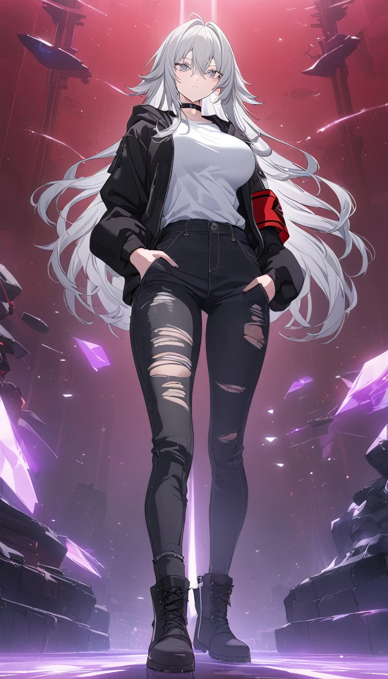 sovetsky_Soyuz, grey hair, long hair, cropped jaket, hoodie over shirt, red armband, torn black jeans, boots, choker, large breasts, first rate breasts, grey eyes, detailed eyes, good eyes, sharp eyes, Long eyelashes, eye shadow, ominous vibe, expressionless, stoic, relaxing, Ultra quality, UHD, high detail, anime aesthetic, Anime screenshot, Ultra quality, UHD, high detail. Abstract red background, full body, standing, hands in pocket