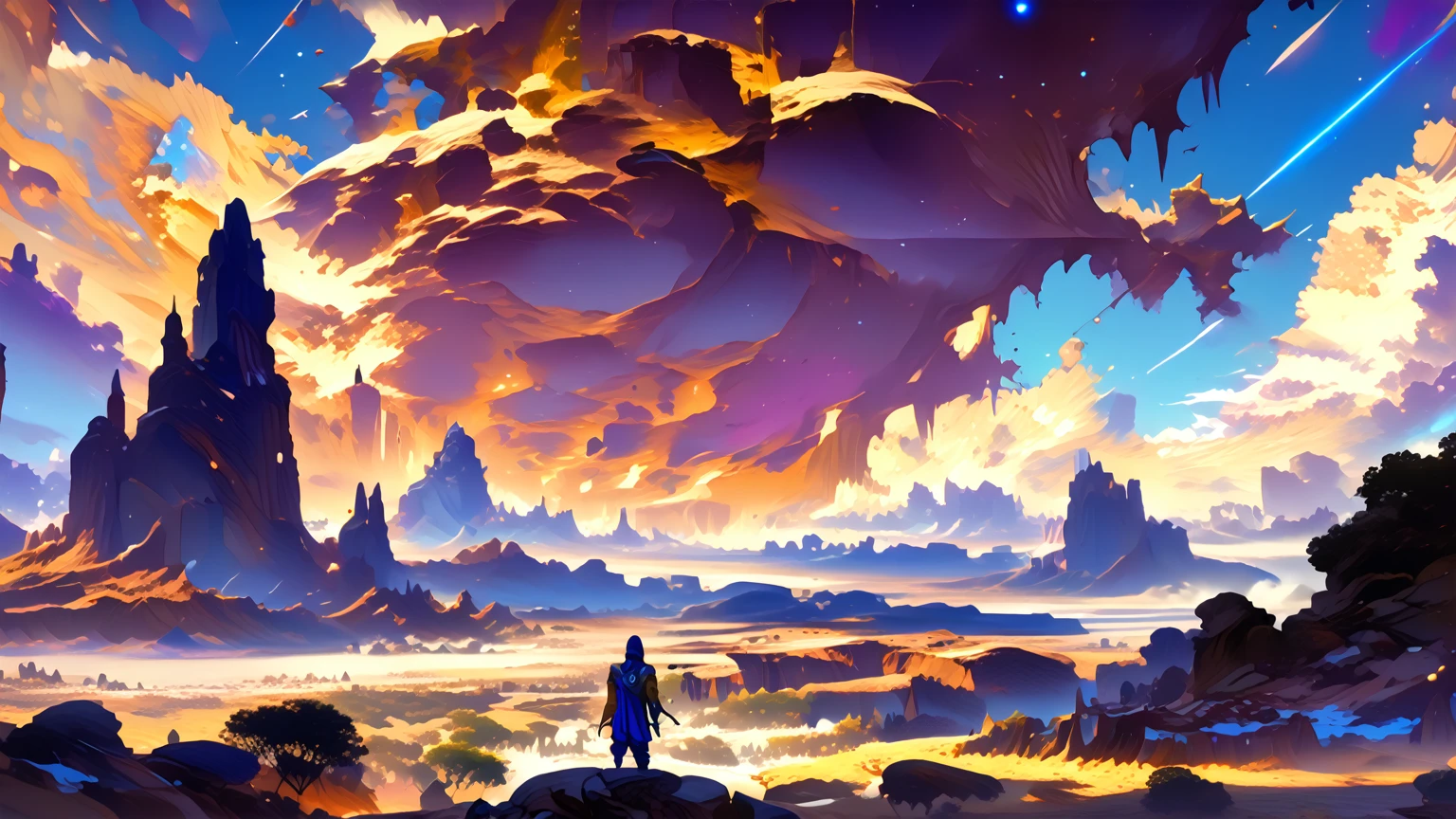 (close-up， best quality ,4K,8k, High resolution,masterpiece:1.2),ultradetailed,(realistic, photorealistic , photorealistic :1.37), Exotic and dreamy landscape , (Distant Planetary Sky,  A man wearing an old and shabby yellow Jedi costume ,  blue and purple clothes underneath his yellow cloak and hoodie, clouds, close-up sitting meditating on top of the mountain: 1.5),  Ringed planets floating in the sky , yin yang symbol on the back , no face, Illustration,  bright and twinkling stars , Stunning galactic background,  A sense of mystery and tranquility , Magical atmosphere, A happy and peaceful scene, Surreal and ethereal colors, Textured Landscape,  otherworldly environment , magnificent view,  Misty and mysterious atmosphere ,  dramatic lighting and shadows , unique rock formations,  An exhilarating sense of adventure ,  Inspiring natural wonders ,  Grandeur and sense of scale ,  Endless possibilities for exploration ，dragons in sky various sizes and colors, ，