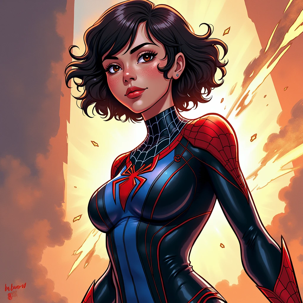 Halle Berry、Sticking out the navel、newyork、She wears a torn Spider-Man suit,wearing skirt、 Red and black color scheme,Dynamic、masterpiece、top-quality、ultra-detailliert、ighly detailed、beautiful detailed brilliance、超A high resolution