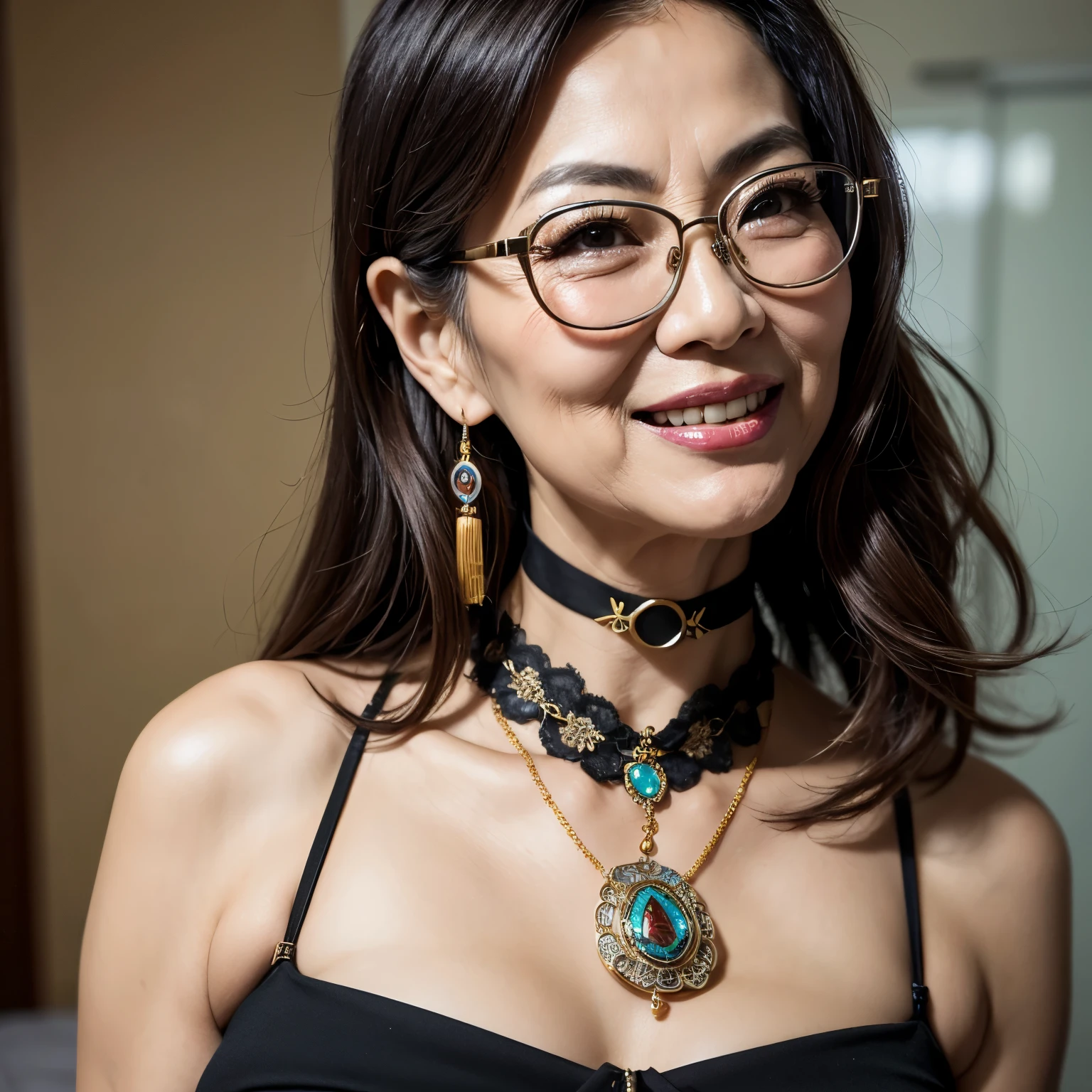 77 Mom MILF Chinese Lady large earring Big choker navel piercing decoration A bracelet realisitic Gorgeous Madame Beautiful Mature Woman sexy Smile Gentle woman navel piercing 4K High quality スポーツブラジャー