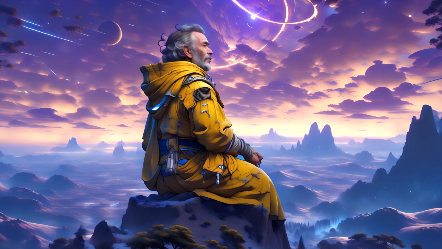 (close-up， best quality ,4K,8k, High resolution,masterpiece:1.2),ultradetailed,(realistic, photorealistic , photorealistic :1.37), Exotic and dreamy landscape , (Distant Planetary Sky,  A man wearing an old and shabby yellow Jedi costume ,  blue and purple clothes underneath his yellow cloak and hoodie, clouds, close-up sitting meditating on top of the mountain: 1.5),  Ringed planets floating in the sky , yin yang symbol on the back , no face, Illustration,  bright and twinkling stars , Stunning galactic background,  A sense of mystery and tranquility , Magical atmosphere, A happy and peaceful scene, Surreal and ethereal colors, Textured Landscape,  otherworldly environment , magnificent view,  Misty and mysterious atmosphere ,  dramatic lighting and shadows , unique rock formations,  An exhilarating sense of adventure ,  Inspiring natural wonders ,  Grandeur and sense of scale ,  Endless possibilities for exploration ，dragons in sky various sizes and colors, ，