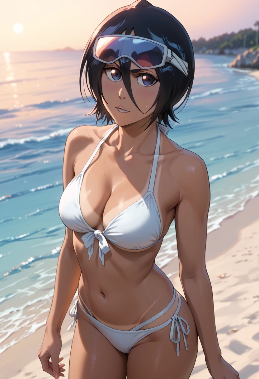 (asura art style:0.7), score_9, score_8_up, score_7_up, score_6_up, bambietta, (long hair:1.3), hair between eyes, bangs, (black hair:1.3)pin, BREAK (masterpiece:1.2), best quality, high resolution, (beautiful detailed eyes:1.3), perfect lighting, (perfect hands, perfect anatomy), large breasts, sagging breasts, 1girl, solo, breasts, jewelry, armlet, navel, looking at viewer, swimsuit, bracelet, halterneck, earrings, sand, bikini, outdoors, desert, criss-cross halter, white bikini, sling bikini top, day, breasts apart, bare shoulders, palm tree, partially submerged, tree, parted lips, collarbone, reclining, stomach, sitting, lying, closed mouth, dusty,